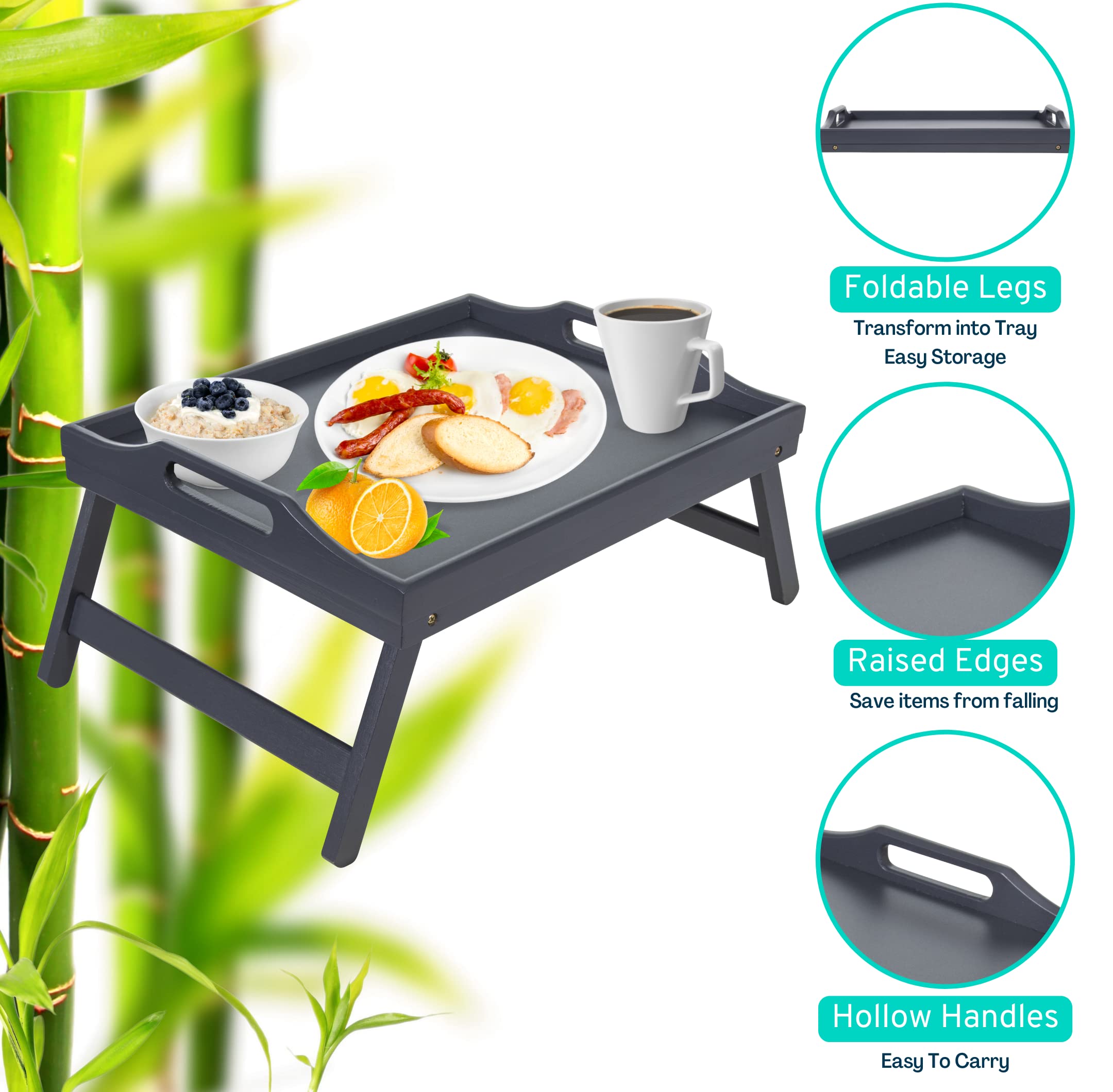 Mosii Grey Bamboo Bed Tray with Handles & Foldable Legs - Adjustable Lap Desk for Breakfast in Bed, Sofa Dining, Office Work, Laptop Stand, Drawing & Serving | Portable Multi-Purpose Tray for Home, Office & Outdoor Use