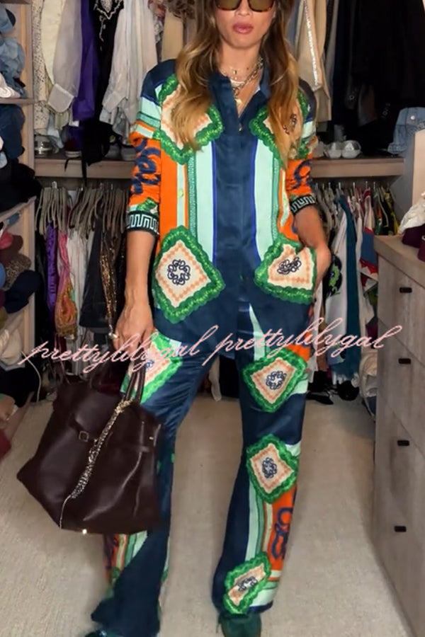 Vacation Times Women's Satin Oversized Button Down Blouse with Unique Print - Elegant Loose Fit Shirt for Casual Outings, Date Nights & Office Wear