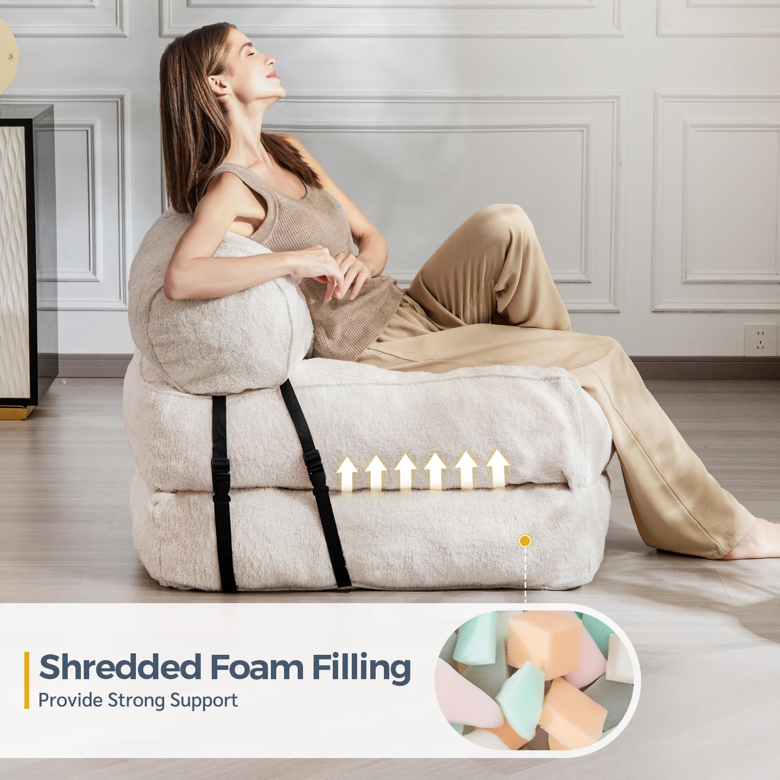 MAXYOYO Folding Sofa Bed - Convertible Boucle Sleeper Chair with Removable Bolster Pillow, Multi-Functional Floor Sofa Lounge for Small Space (Beige) | Perfect for Living Room, Bedroom, Guest Room & Studio Apartment