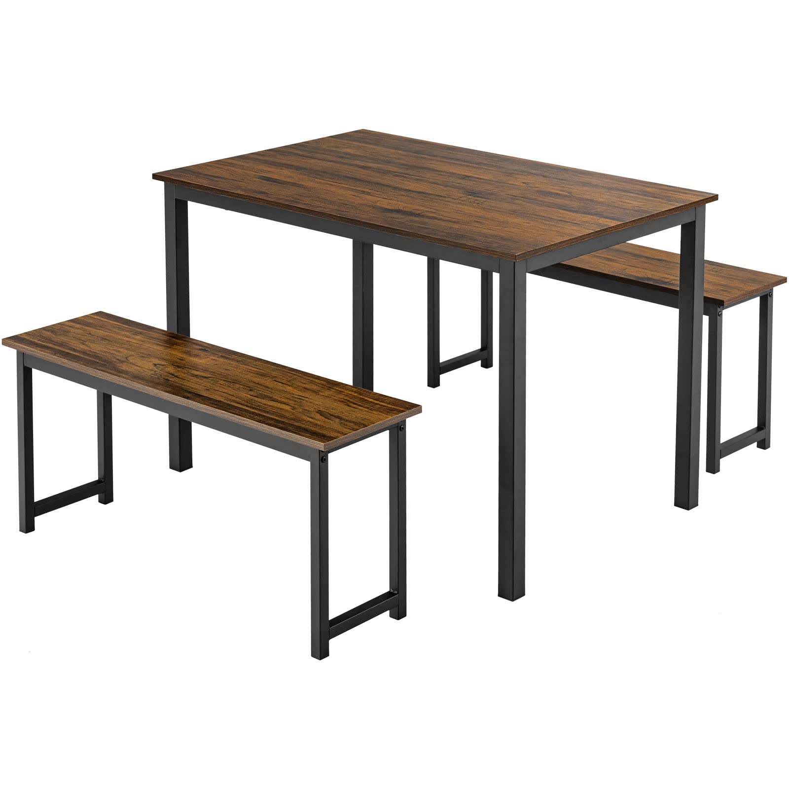 Modern 3-Piece Dining Table Set for 4 with 2 Benches - Space-Saving Kitchen & Dining Room Furniture for Small Spaces - Brown Wood Dinette Set for Breakfast Nook, Apartment, or Cozy Home Decor
