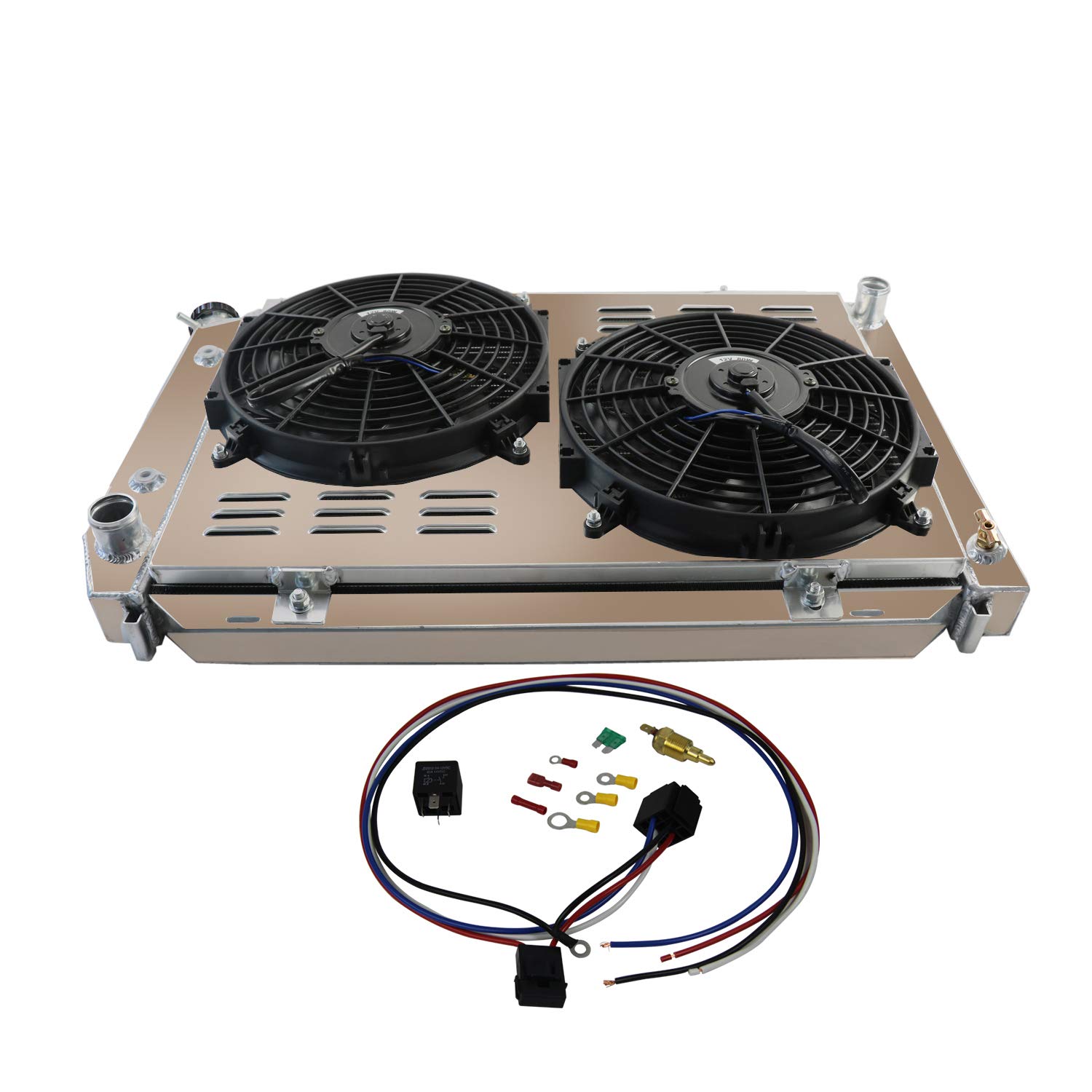 ECMRAD 4 Row Aluminum Radiator Shroud Fan Kit Compatible with 1979-1993 Ford Mustang GT LX 5.0L 2.3L V8 302 AT/MT - High Performance Cooling for Street Racing & Hot Rod Upgrades