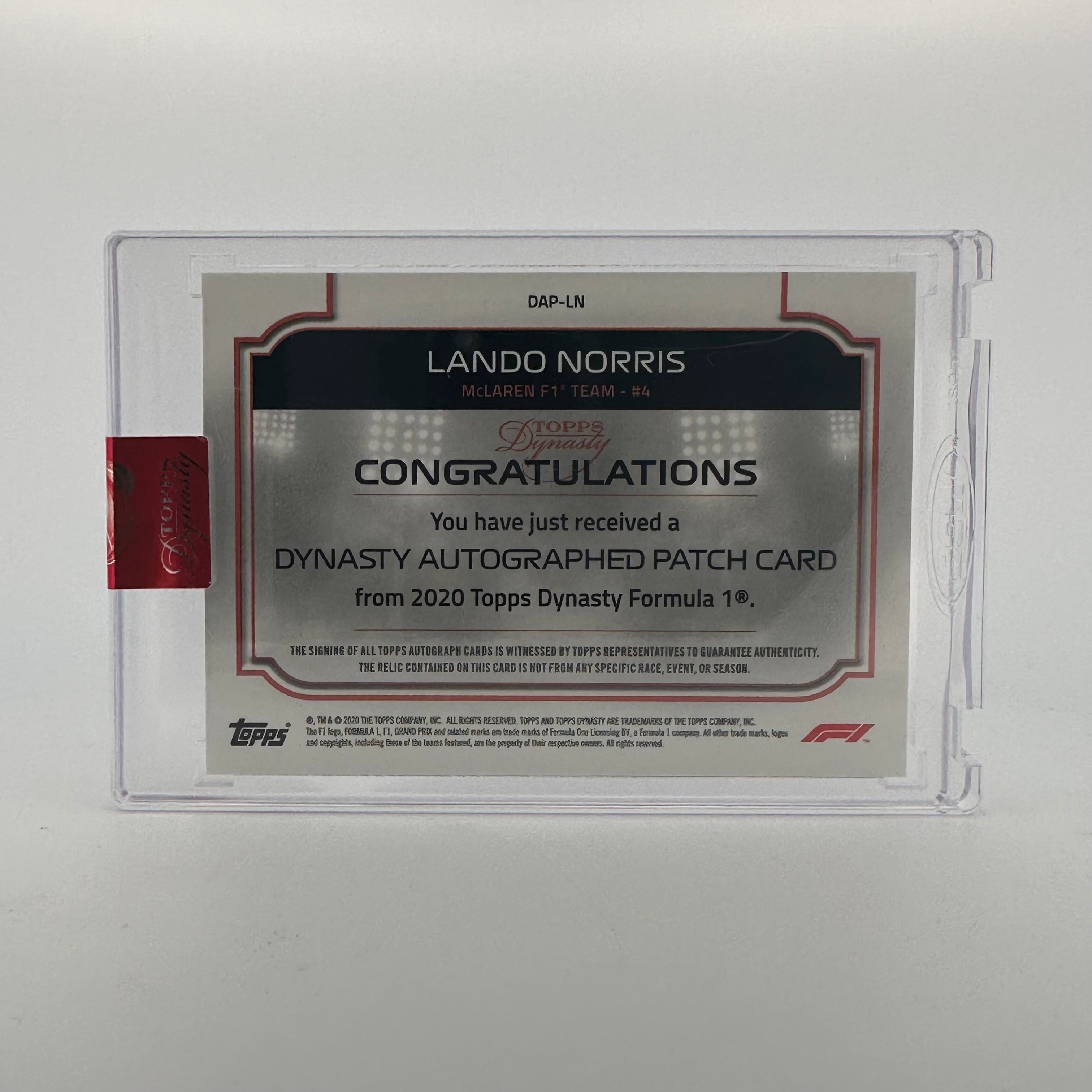 2020 Topps Dynasty F1 Lando Norris #DAP LN Red Auto Patch 2/5 - Rare Collectible for F1 Fans & Racing Memorabilia Enthusiasts - Perfect for Display, Trading, and Gifting