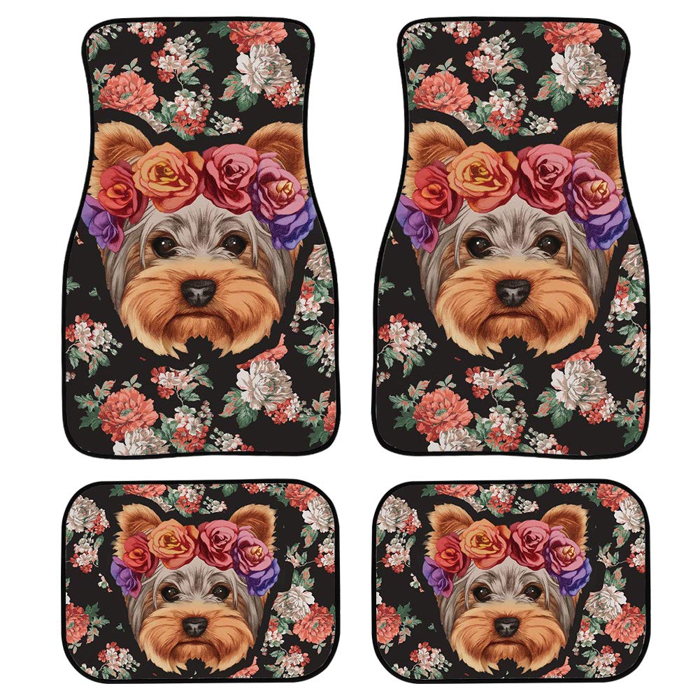4PCS Floral Yorkie Car Floor Mats Set - Heavy Duty Rubber Back All Weather Protection for Auto SUV & Trucks | Perfect for Road Trips, Daily Commute & Outdoor Adventures
