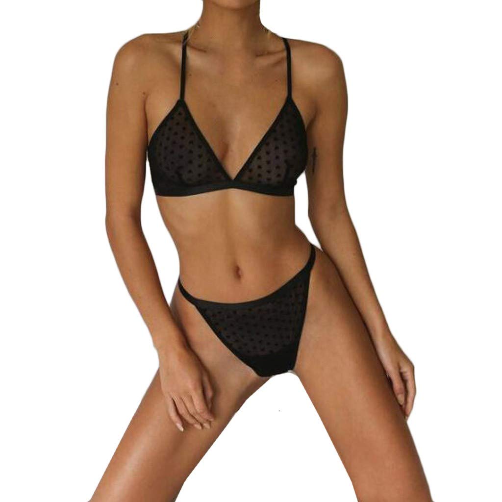 FVOWOH Sexy Black Lingerie Set for Women - Mesh V-Neck Bra & Thong Nightwear Set, Comfortable Sleepwear & Pajamas for Date Night, Honeymoon, Boudoir Photography