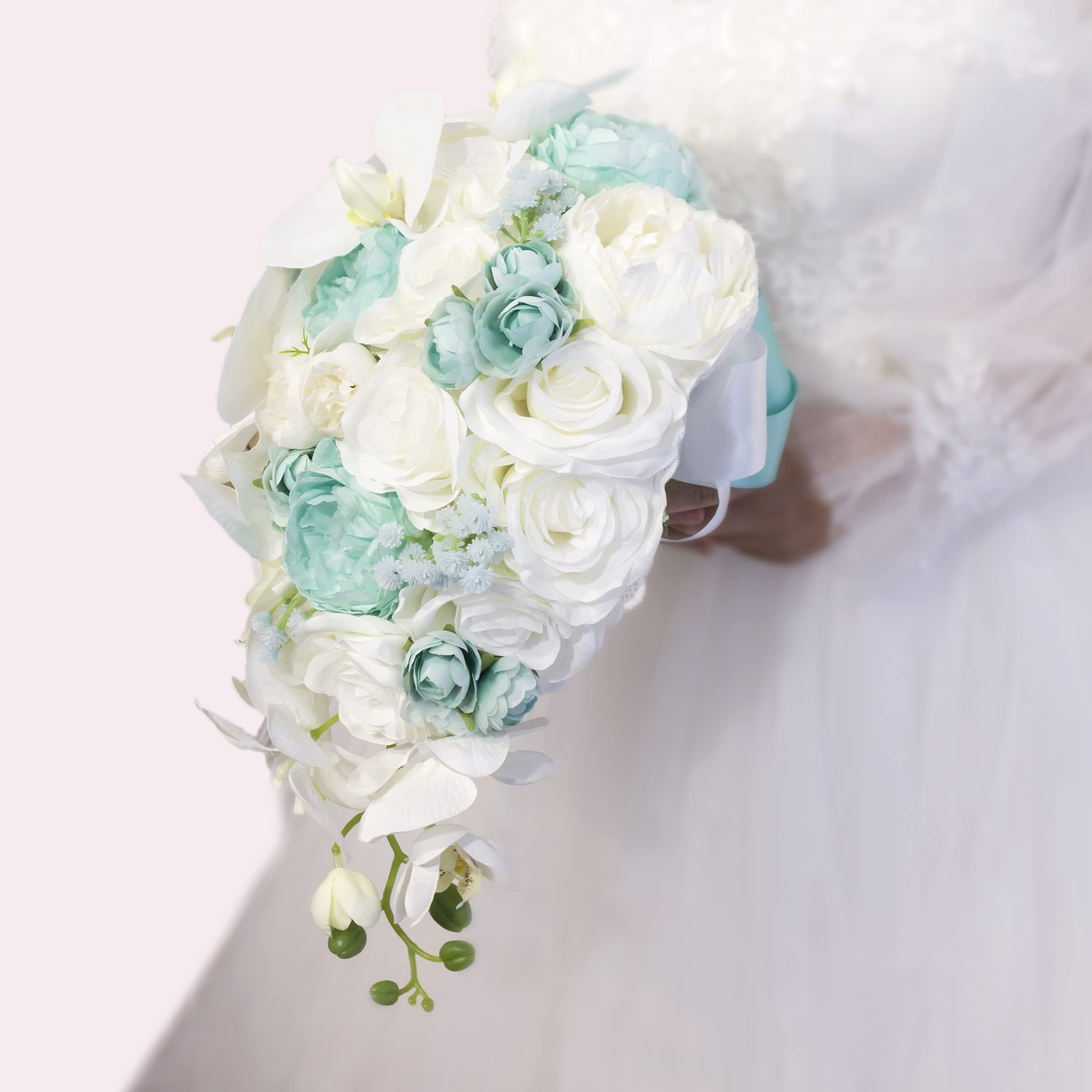 Ansuma Mint Green & White Artificial Phalaenopsis Cascading Wedding Bouquet - Silk Orchid Bridal Bouquet with Ribbon Bow & Jewelry Decor for Wedding, Party, Home Decor, Bridal Shower, and Romantic Confession (Mint Green & White)