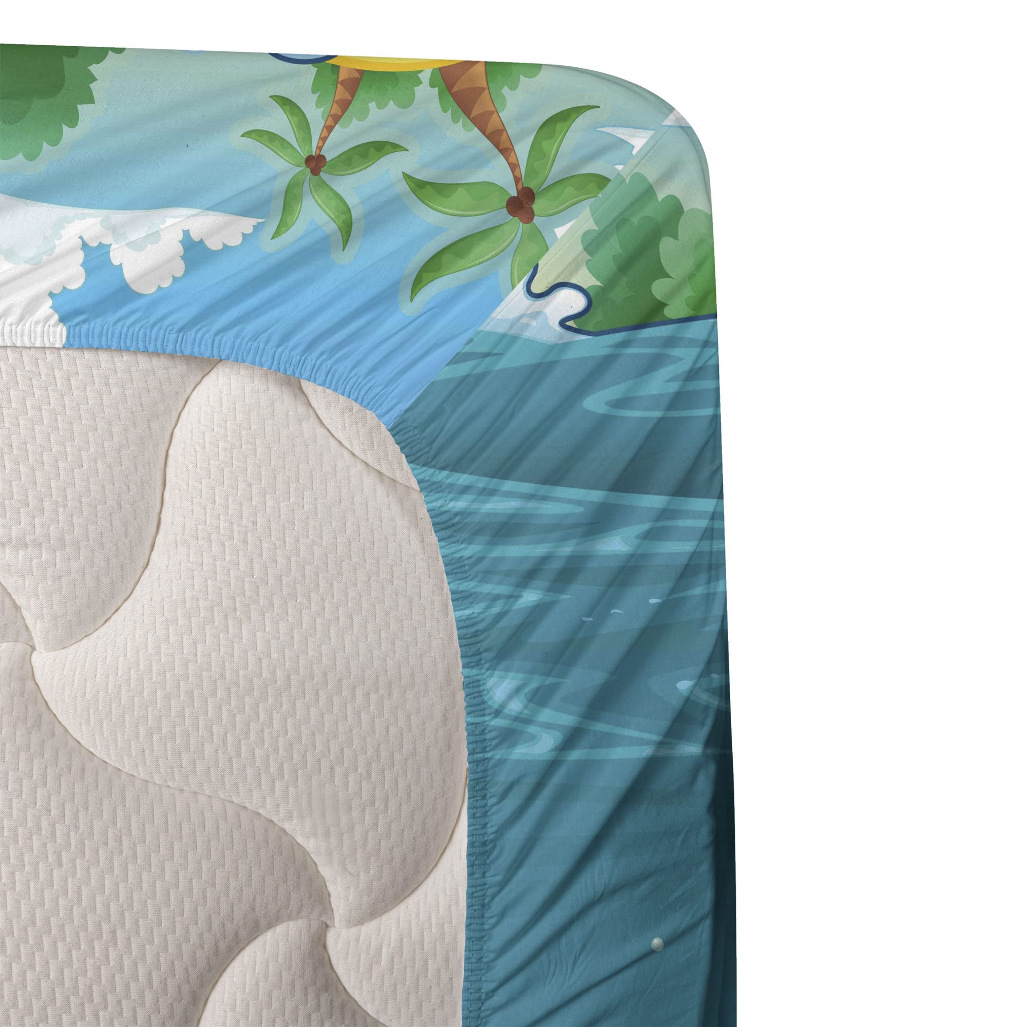 Ambesonne Pirate Ship Cartoon Bed Sheet Set - 4 Piece King Size Seascape Underwater Treasure Galleon & Sunken Ship Print Bedding with Fitted Sheet, Flat Sheet & Pillowcases - Teal & Yellow Nautical Theme for Kids Room, Teen Bedroom or Pirate Themed Decor