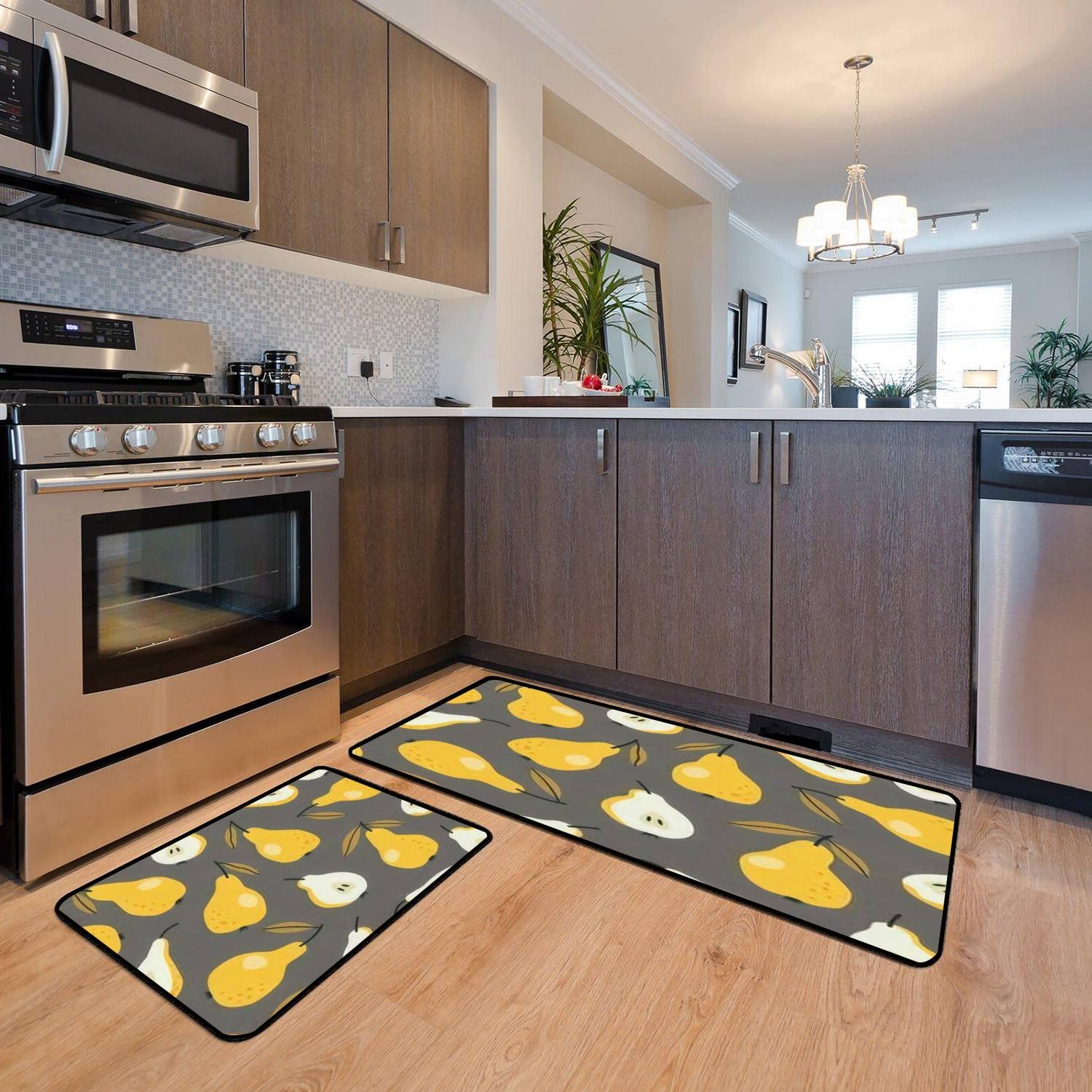 Non-Slip Washable Kitchen Rugs Set - Yellow Pear with Green Leaves Design, Gray Hand-Drawn Pears Kitchen Mat, Comfort Standing Floor Mat for Kitchen, Bathroom & Entryway Decor - Perfect for Home, Apartment & Office Use