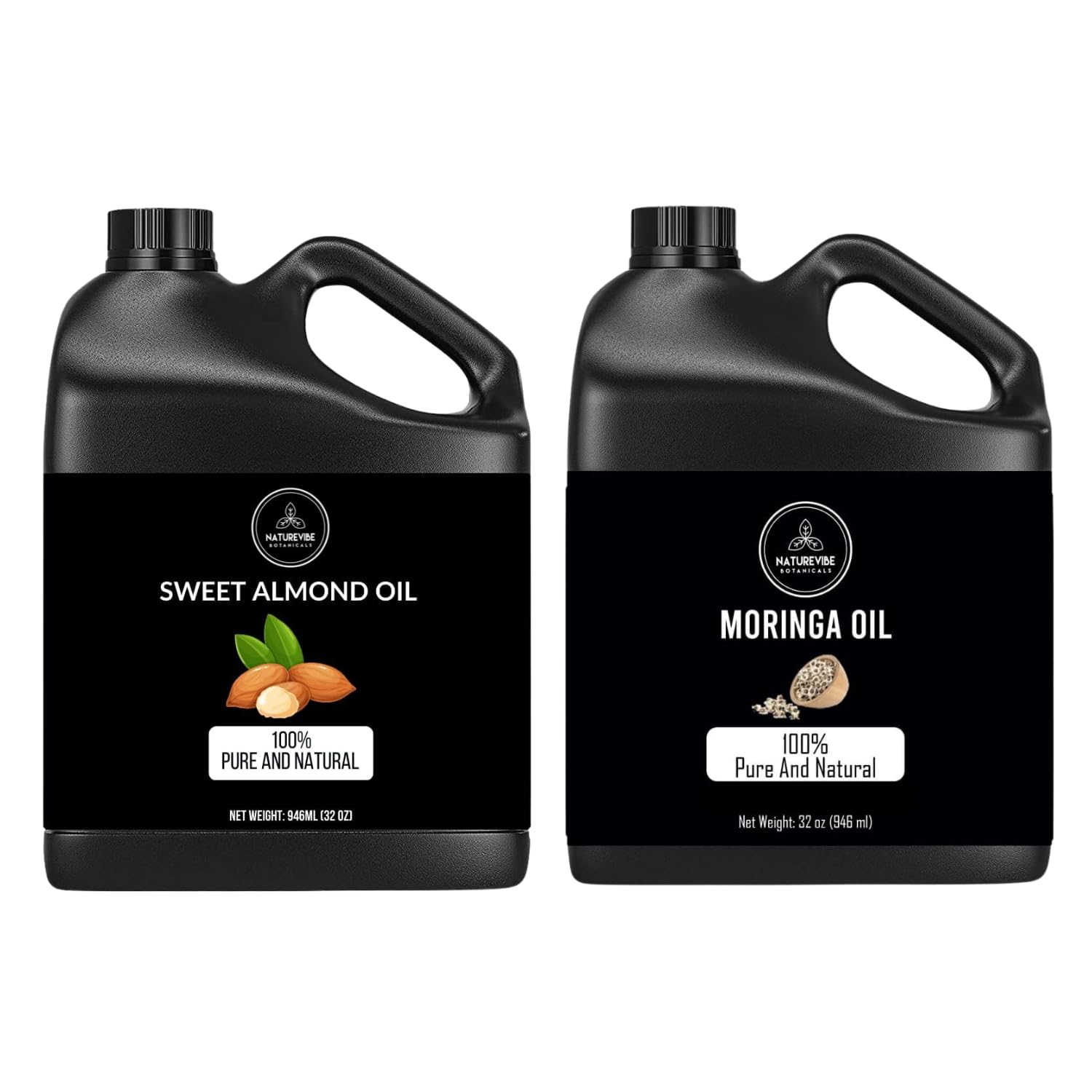 Naturevibe Botanicals Organic Sweet Almond Oil & Moringa Seed Oil Combo - 32oz Each | Cold Pressed, Unrefined for Hair, Skin & Massage | Perfect for DIY Beauty, Aromatherapy & Natural Skincare