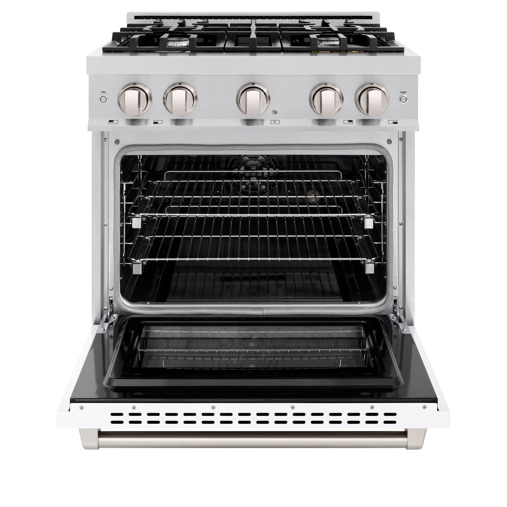 ZLINE 30-inch 4.2 cu.ft Stainless Steel Dual Fuel Range - 4 Burner Gas Cooktop & Electric Convection Oven with White Matte Door (HDR WM 30) | Perfect for Modern Kitchens, Home Chefs & Professional Cooking
