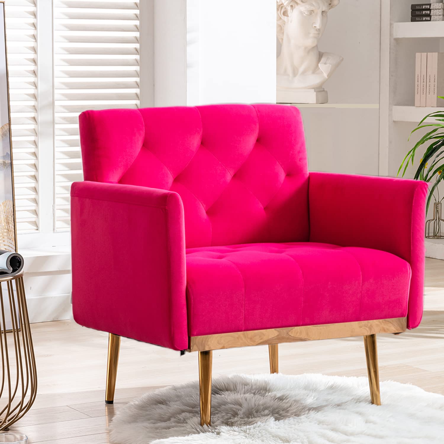 JOYBASE Velvet Accent Chair - Mid Century Modern Tufted Armchair with Sturdy Metal Legs, Comfortable Reading Chair for Living Room & Bedroom (Rose Red) | Perfect for Cozy Corners, Home Offices & Lounge Areas
