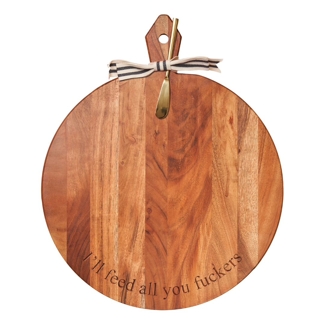 Acacia Wood Heirloom Round Charcuterie Board with Gold Cheese Spreader & Ribbon - Elegant 20x16 Inch Serving Tray for Cheese, Charcuterie, and Appetizers - Perfect for Dinner Parties, Weddings, and Holiday Gatherings