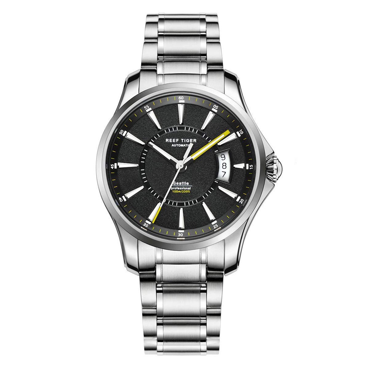 REEF TIGER Men's Waterproof Stainless Steel Sports Watch with Luminous Black Dial - RGA166 - Perfect for Diving, Swimming & Outdoor Activities