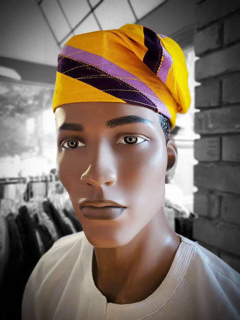 Segun Yellow and Purple African Aso Oke Hat Kufi DPH4039 - Traditional Nigerian Headwear for Men, Weddings, Cultural Events & Special Occasions