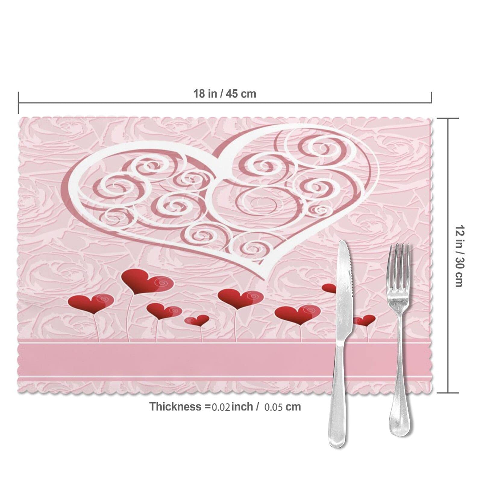 Valentine's Day Placemats Set of 4 - Pink Heart-Shaped Washable Table Mats 12x18 Inch, Heat-Resistant for Wedding, Mother's Day, Kitchen & Dining Table Decor - Perfect for Romantic Dinners & Holiday Celebrations