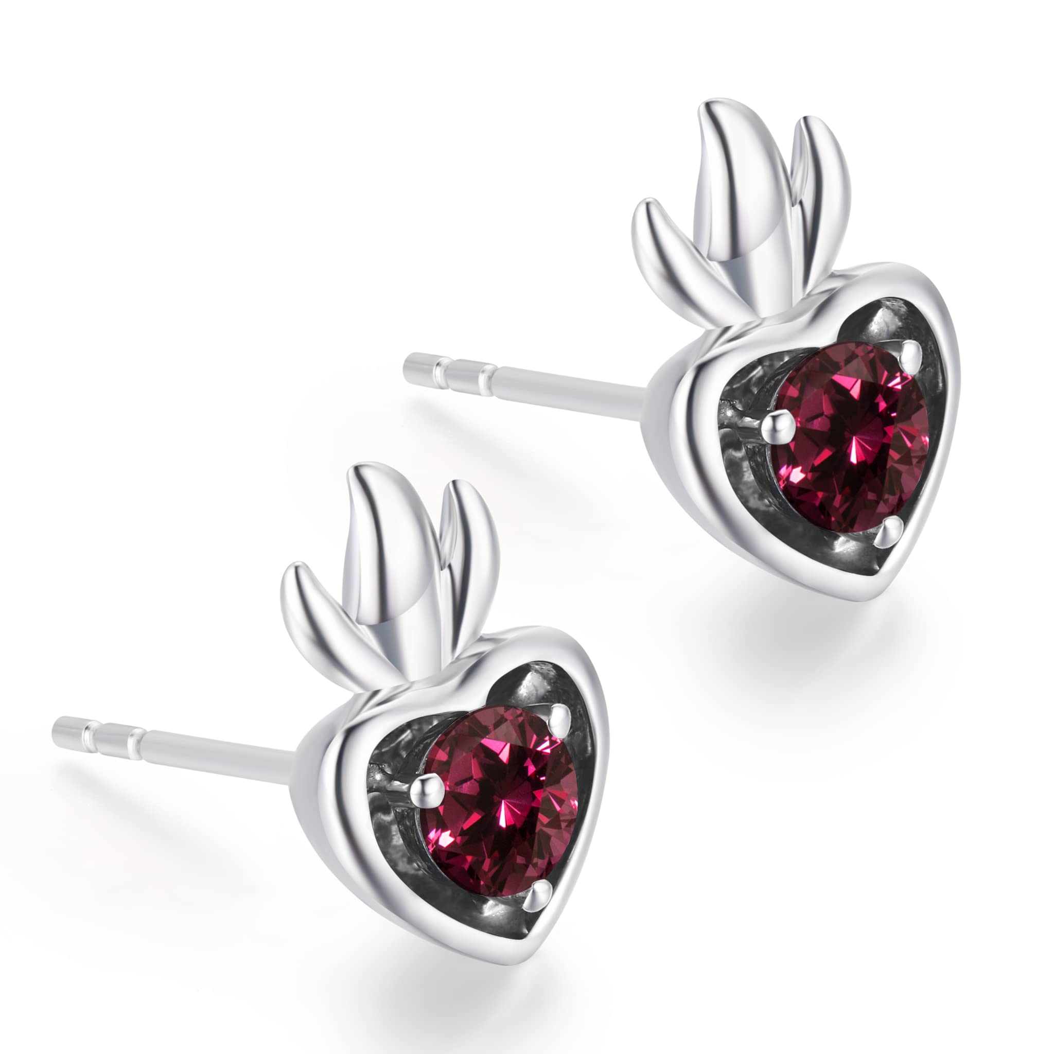 Rhodolite Garnet Heart Stud Earrings - 14K Gold Plated Dainty Stackable Small Earrings - January Birthstone Jewelry for Multiple Piercings - Minimalist Everyday Stacking Earrings for Women, Gift for Her, Valentine's Day, Anniversary