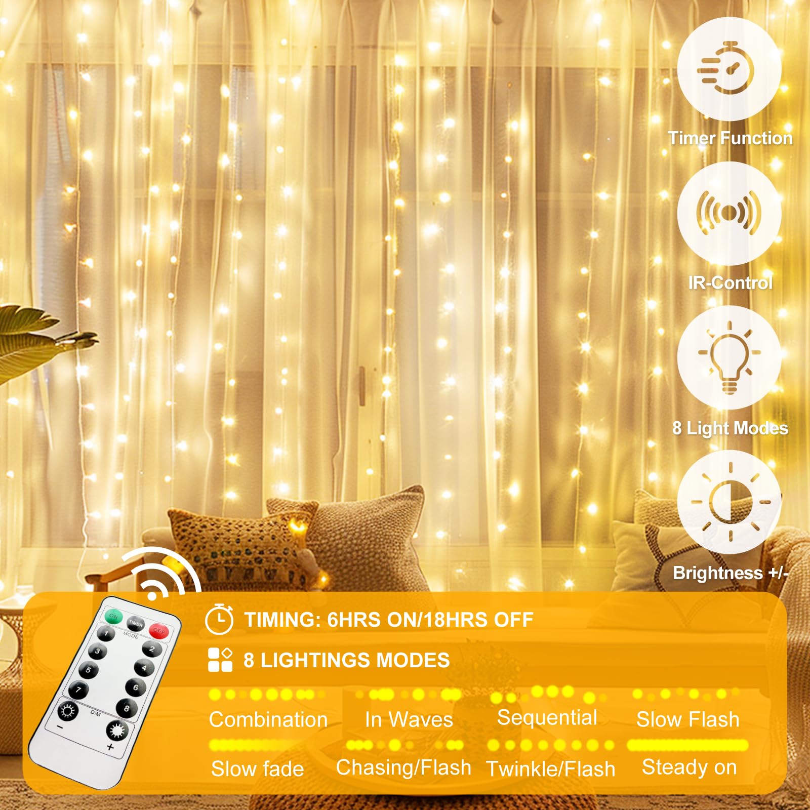 300 LED Fairy Curtain Lights - 9.8 x 9.8FT Warm White USB String Lights with Remote Control (8 Lighting Modes) for Christmas Decorations, Bedroom, Wedding, Party & Outdoor Use - Indoor/Outdoor Waterproof Hanging Lights for Home, Garden, Patio and Special Events