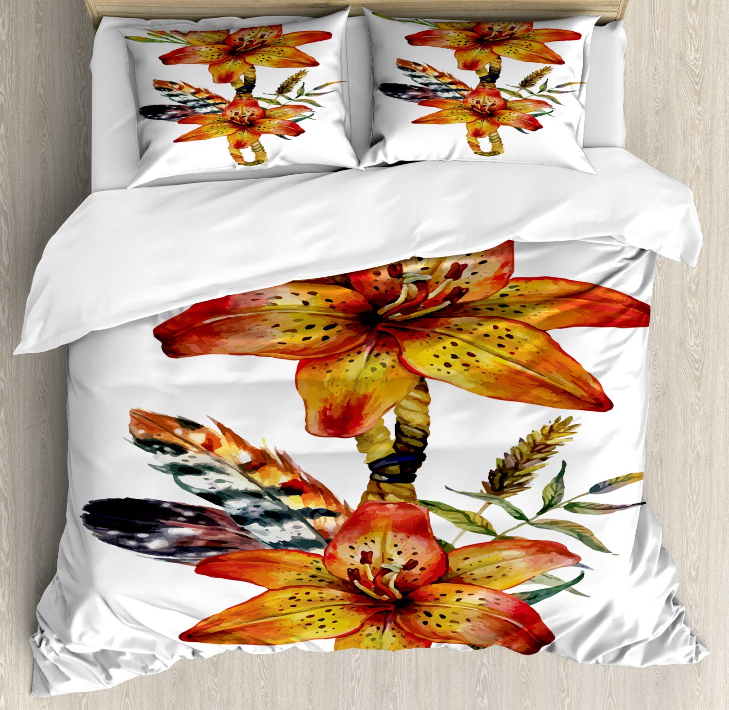 Lunarable Floral Duvet Cover Set - Tiger Lily Flowers with Feathers & Wild Herbs Design, 3-Piece California King Bedding Set with 2 Pillow Shams, Orange Multicolor for Modern Bedroom Decor | Perfect for Guest Rooms, Master Bedrooms & Bohemian Style Homes