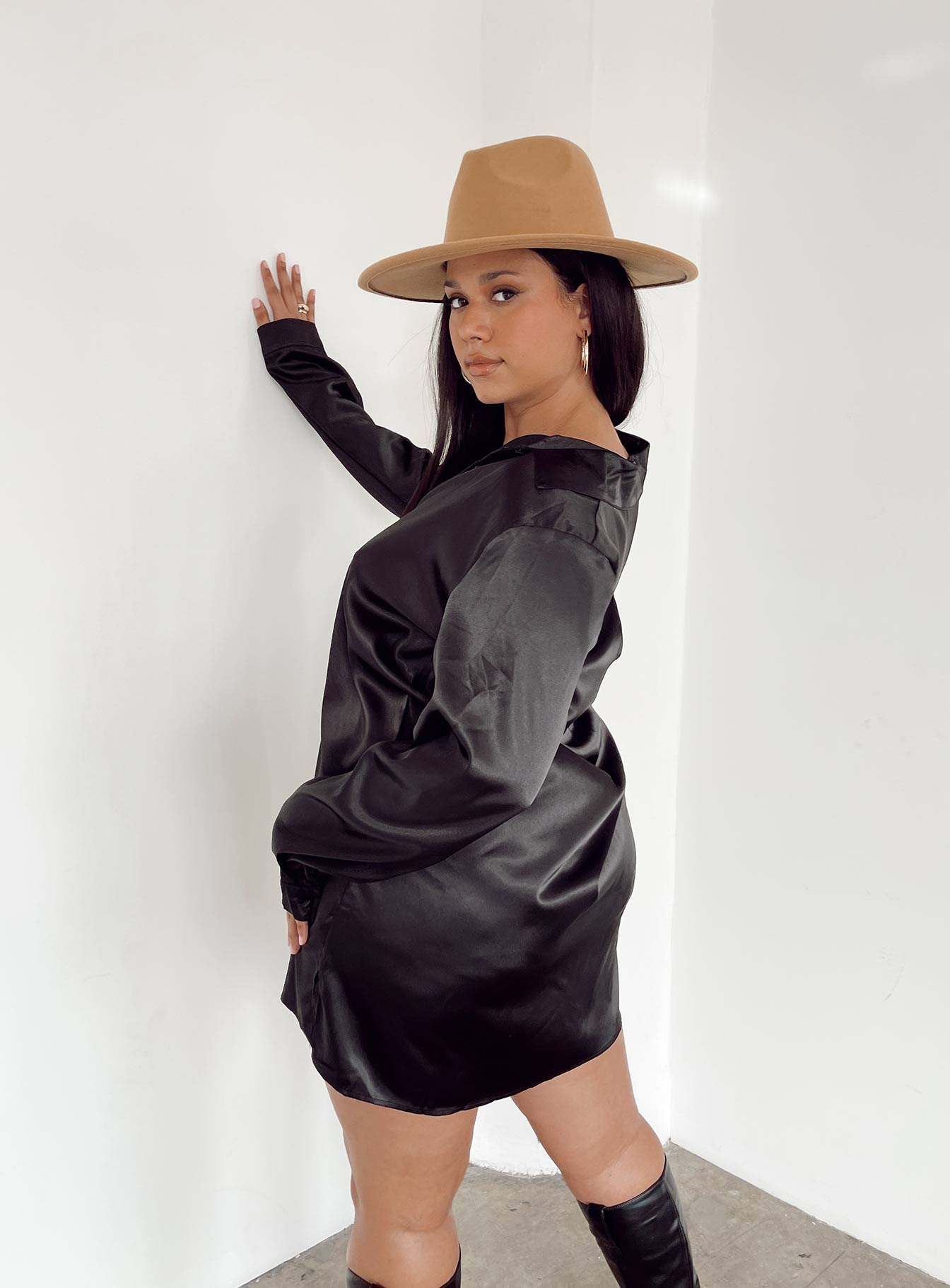 90210 Satin Shirt Mini Dress in Black - Curve Fit for Women | Perfect for Night Out, Party & Date Night