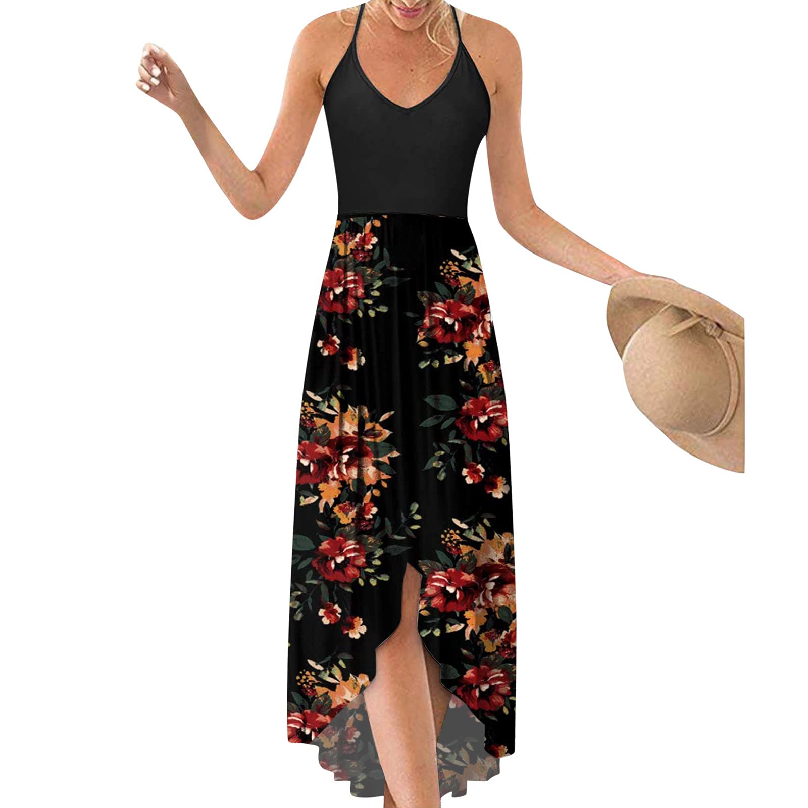 2024 Summer Maxi Dress for Women - Sleeveless Bohemian Floral Dress with V Neck & Open Back, Perfect for Beach, Party & Vacation