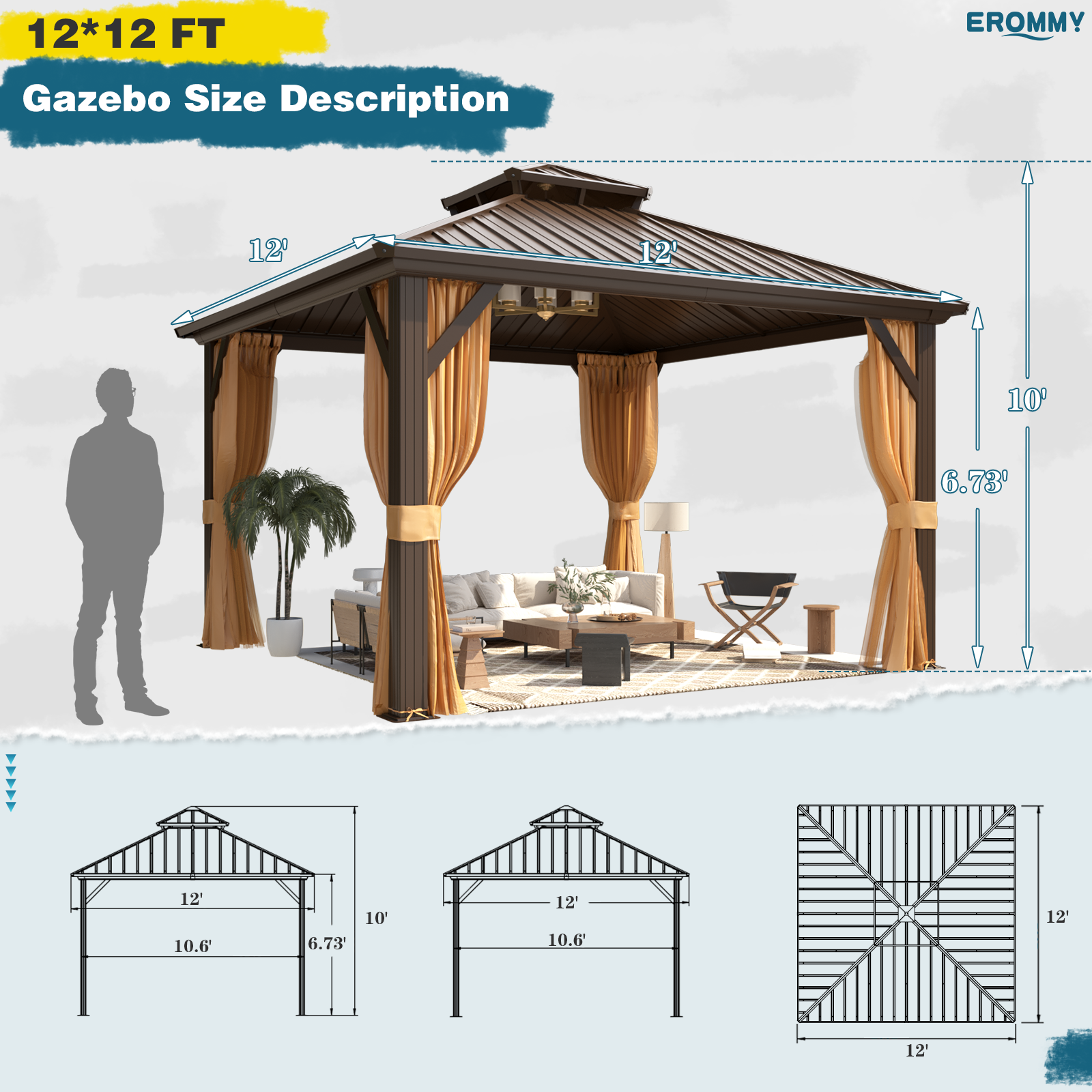 EROMMY 12X12 Hardtop Grill Gazebo with Netting - Outdoor Patio Canopy for Backyard BBQ, Picnic & Garden Parties - Weather-Resistant Aluminum Frame & Mosquito Protection