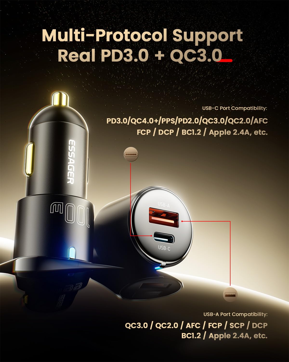 Essager 100W USB C Car Charger - Dual Port Fast Charging (USB-C & USB-A) with PD3.0/PPS/QC3.0 - All Metal Cigarette Lighter Adapter for iPhone 16/15/14/13 Pro Max, Samsung Galaxy S24/S23, iPad Pro, MacBook Air - Perfect for Road Trips & Long Commutes