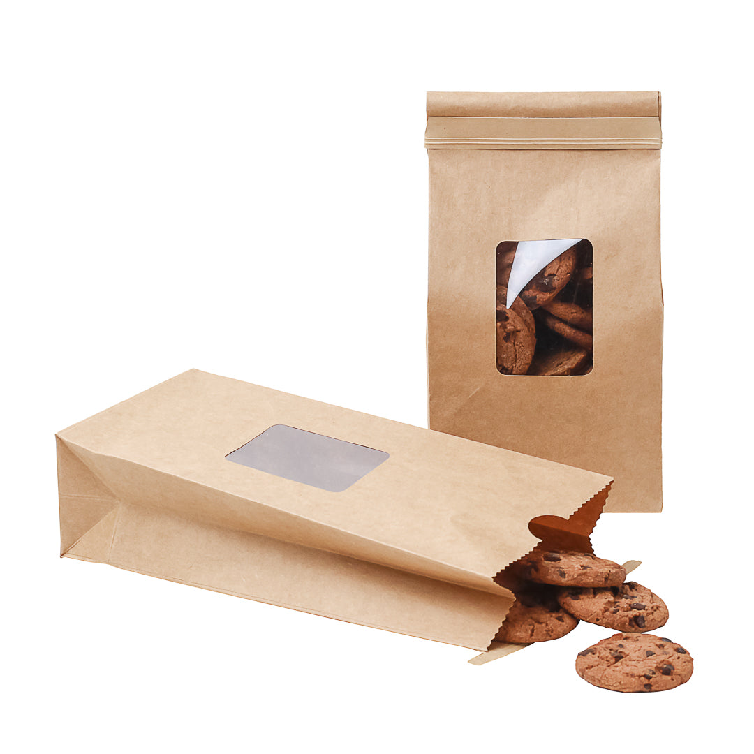 Premium Kraft Paper Bakery Bags with Window & Tin Tie Closure - 4.75