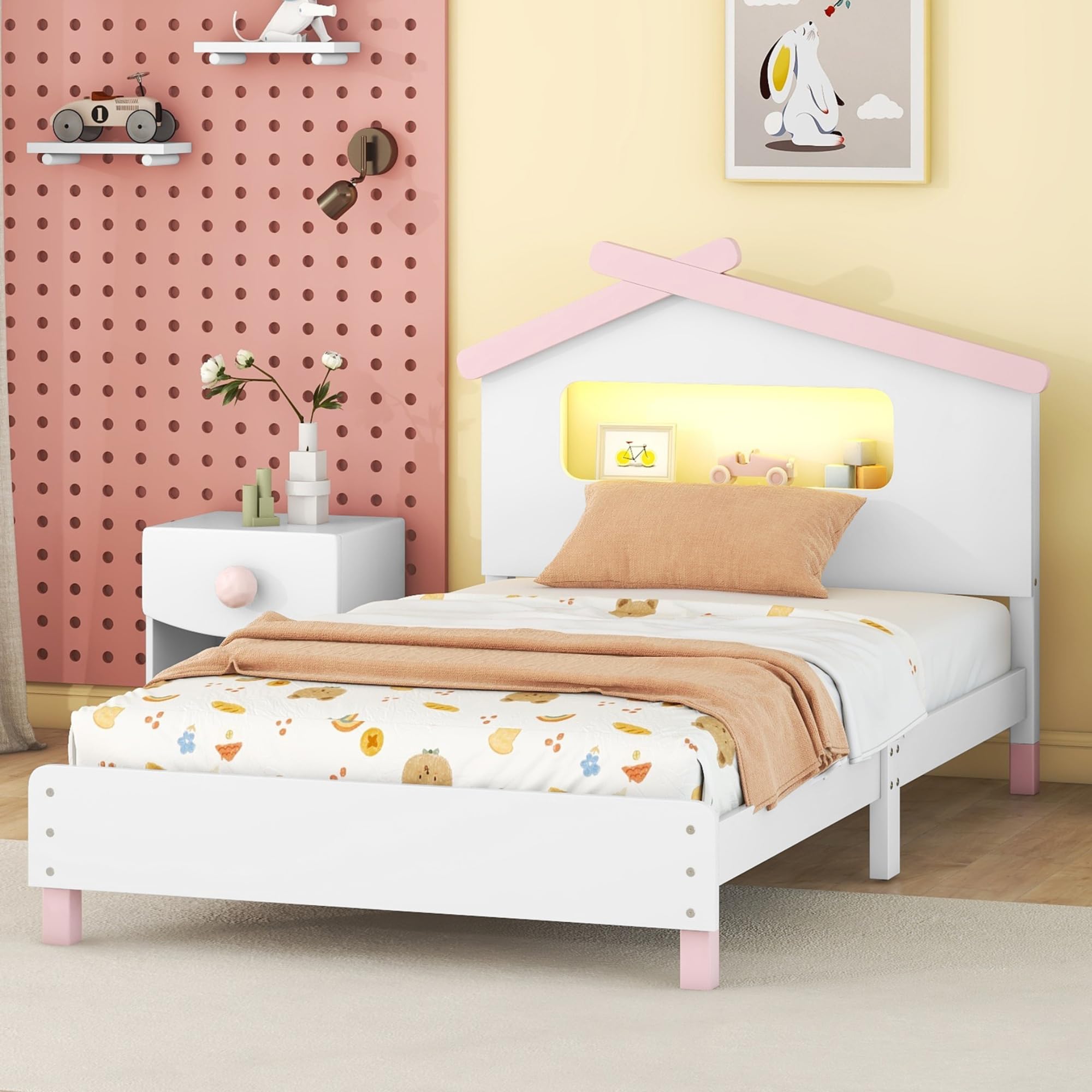 Harper & Bright Designs Twin Bed Frame with House-Shaped Headboard - Wooden Kids Platform Bed with Motion-Activated Night Lights - Cute Single Bed for Girls & Boys (White & Pink) - Perfect for Kids' Bedrooms, Playrooms & Cozy Sleep Spaces