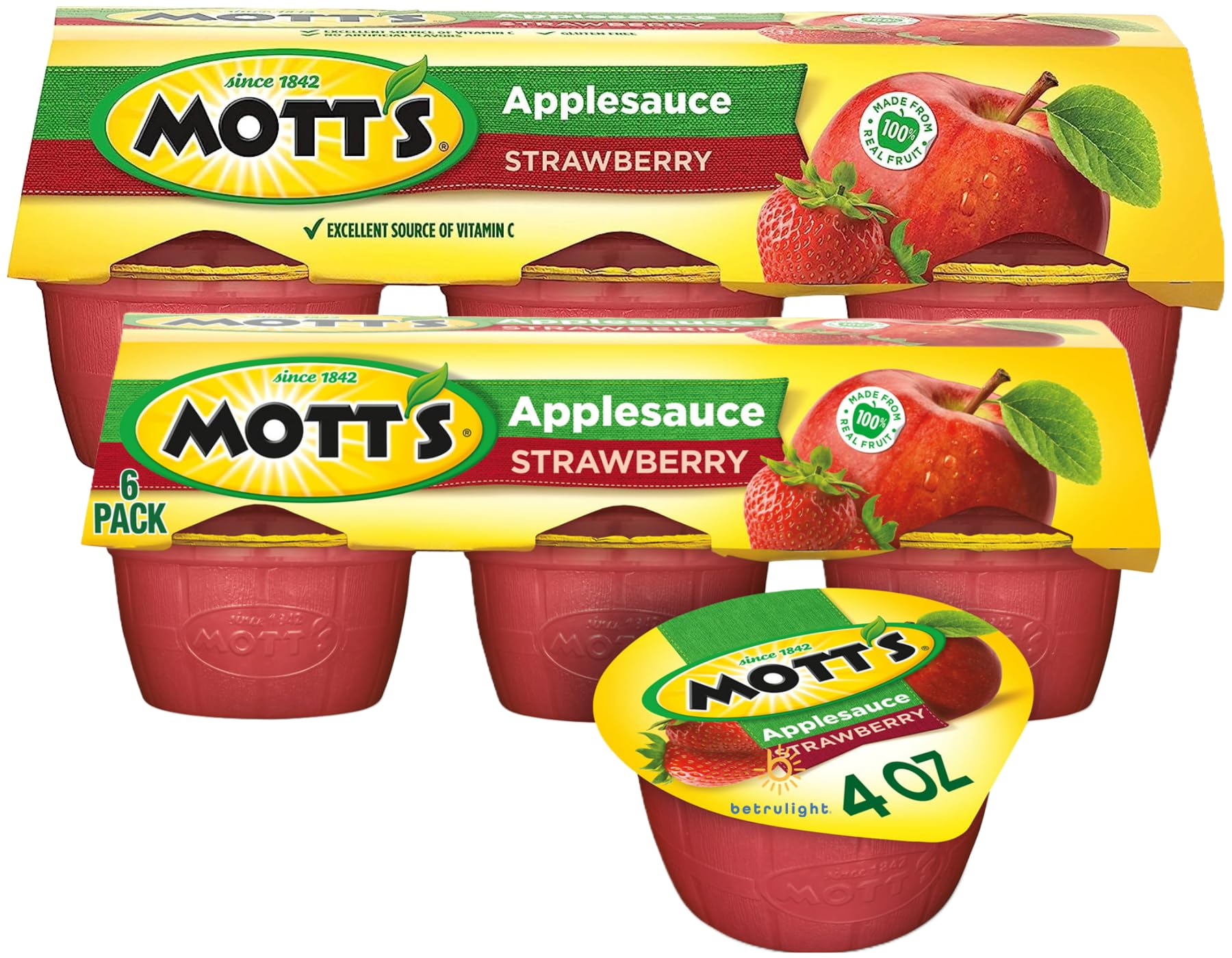 **BetrULight Motts Fruit Snacks - Gluten Free, Vegan & Keto Friendly Apple Strawberry Applesauce Cups (4 oz, 12-Pack) | Healthy On-The-Go Snacks for Kids & Adults | Perfect for Lunchboxes, Travel & Office Snacking**