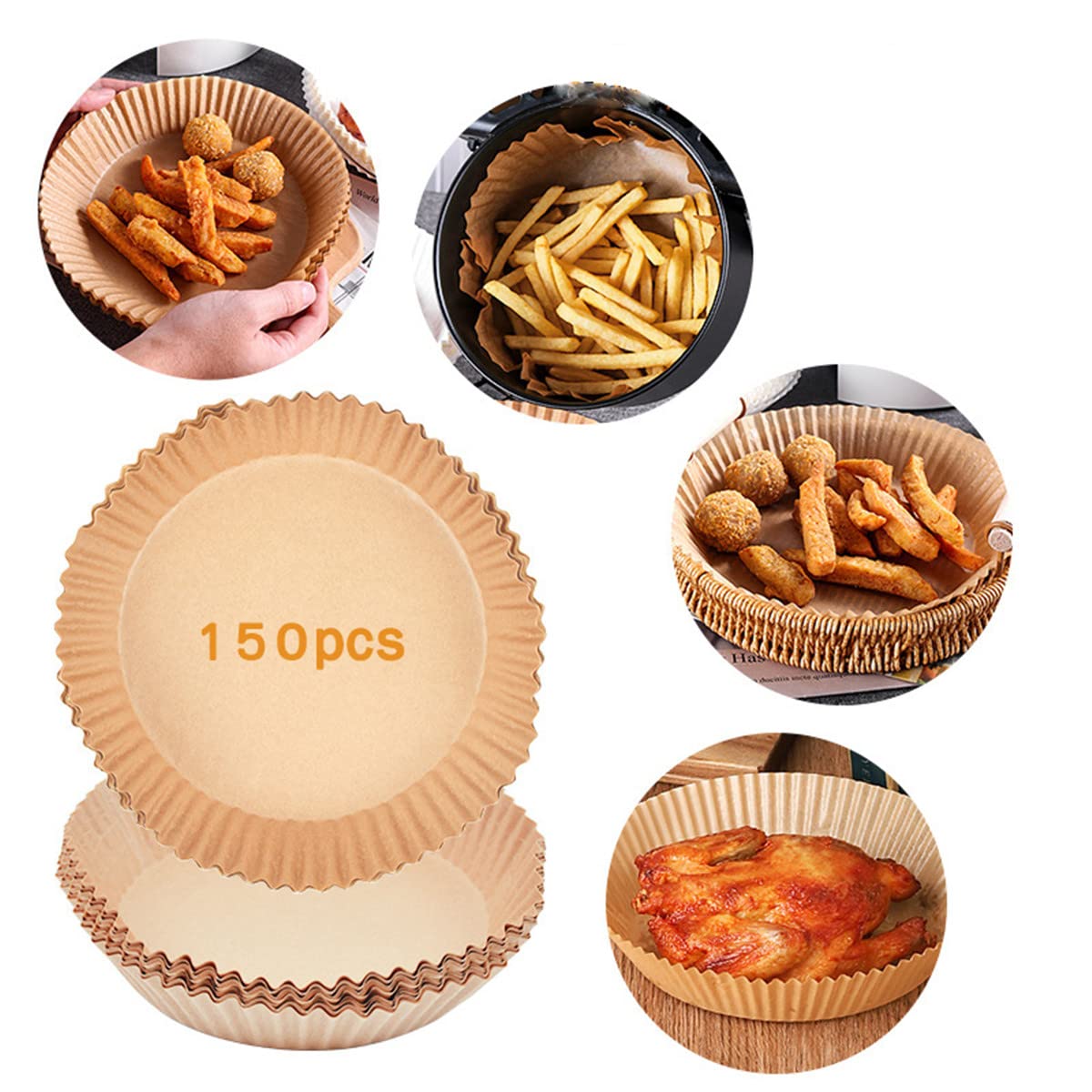 **Non-Stick Air Fryer Liners - 150PCS Disposable Round Parchment Baking Paper, Oil-Proof & Heat Resistant, Food Grade Safe for Cooking - Keep Air Fryer & Oven Pans Clean (Natural) - Perfect for Roasting, Baking & Frying**