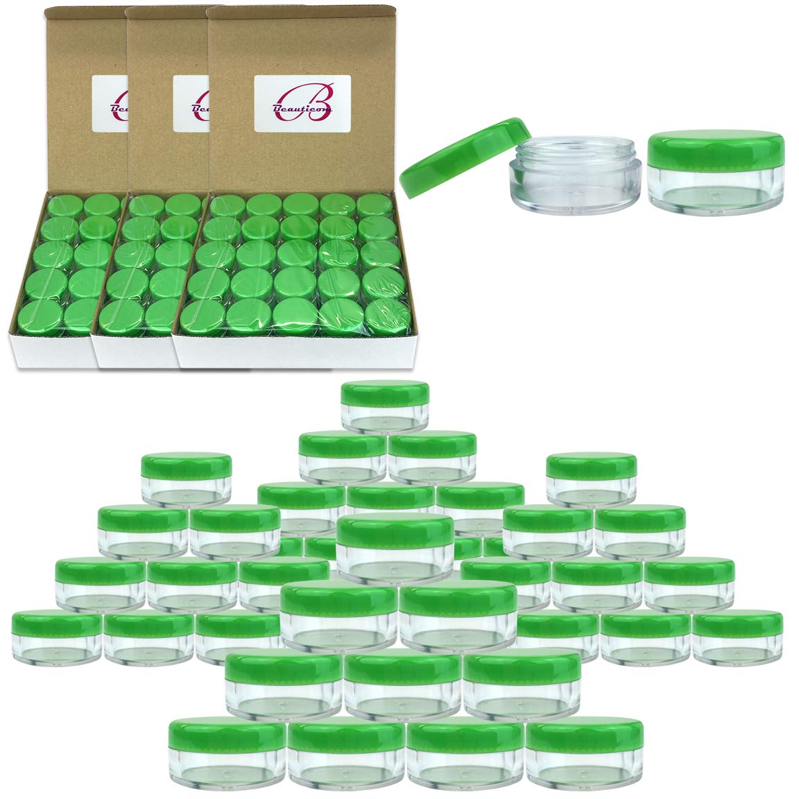200-Pack 5ml Clear Round Plastic Jars with Green Lids - Perfect for DIY Beauty Products, Skincare Samples, Lip Balms, Creams & Lotions - Ideal for Salves, Toners, Essential Oils & Makeup Storage
