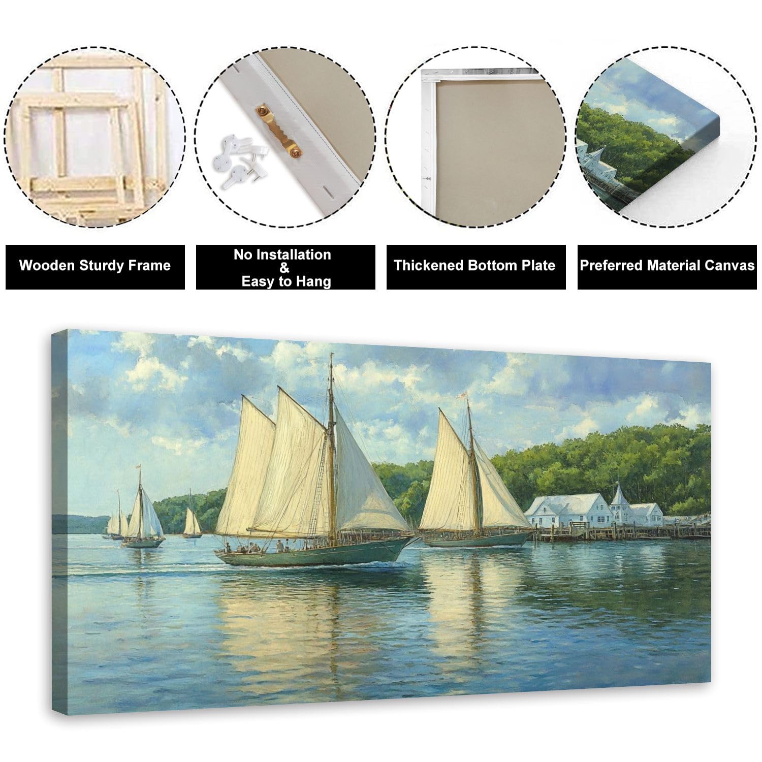 Framed Canvas Wall Art - Ocean Landscape Sailboat Abstract Painting 30