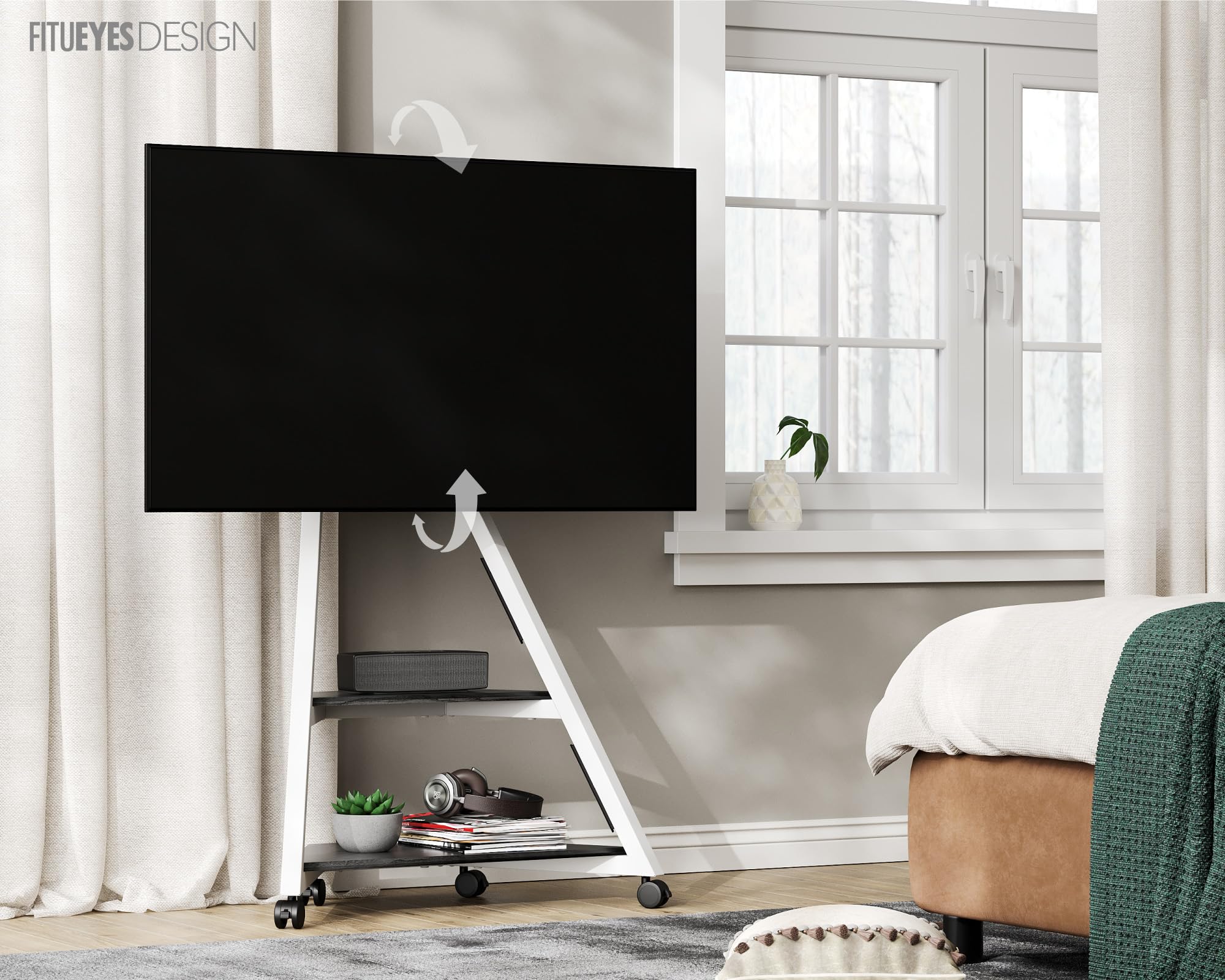 FITUEYES Corner TV Stand for 32-65 Inch Flat Screen TVs - Modern Height Adjustable Entertainment Center with Mount for LCD/LED/Curved Screens - Wooden Open Storage Shelves - Eiffel Series - Perfect for Living Room, Bedroom & Home Theater Setup