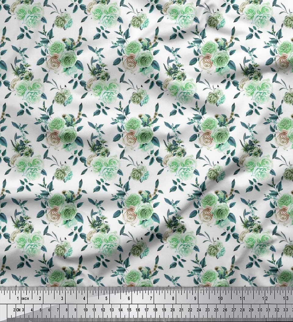 Soimoi Viscose Chiffon Fabric - 42 Inch Wide Green Printed Fabric with Rose & Leaf Floral Pattern - by The Yard for DIY Dresses, Curtains, and Home Decor - Romantic Floral Material for Sewing Projects