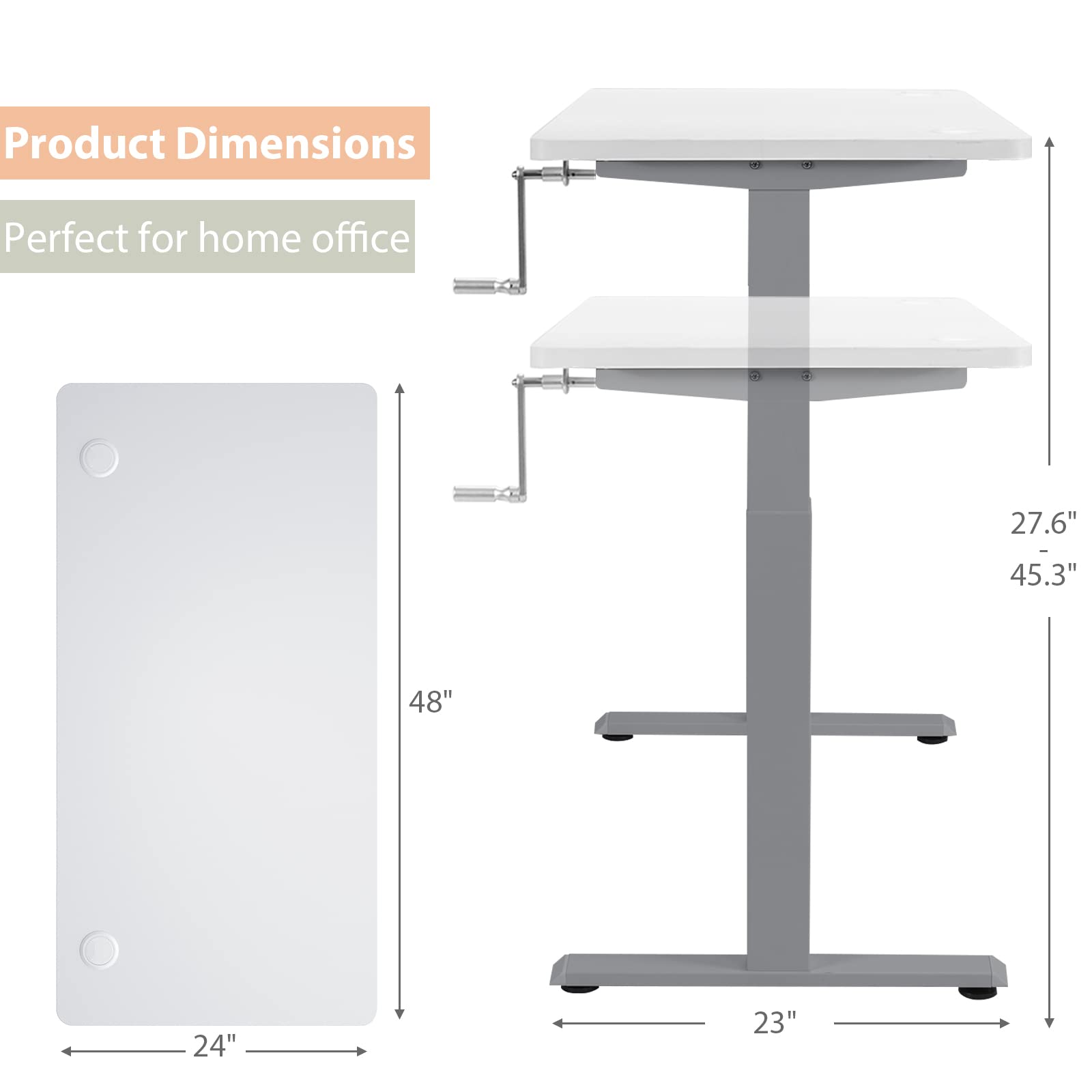 COSTWAY 48 x 24 Inch Adjustable Height Standing Desk - Manual Sit to Stand Home Office Desk with Headphone Hook & Cable Management, Sturdy One-Piece Tabletop (Grey & White) | Perfect for Remote Work, Gaming Setup & Small Workspaces