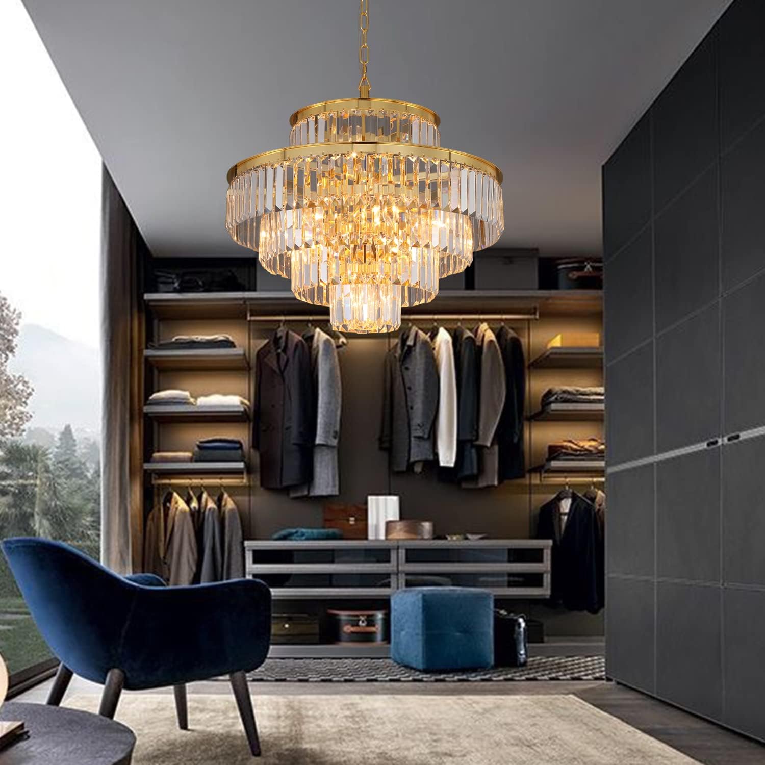Modern Gold Crystal Chandelier - 12-Light Pendant Ceiling Light Fixture (24 Inch Diameter) for Dining Room, Living Room, Foyer, Hallway - Elegant Lighting for Home Decor & Special Occasions