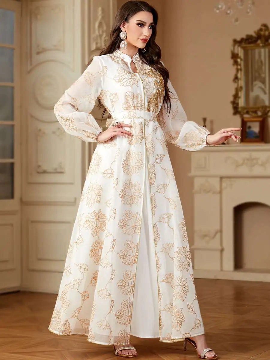 2 Piece Eid Embroidery Dress Set - Flowy Caftan Kaftan with Matching Sleeveless Inner Dress | Elegant Muslim Women's Outfit for Eid Celebrations, Parties & Special Occasions