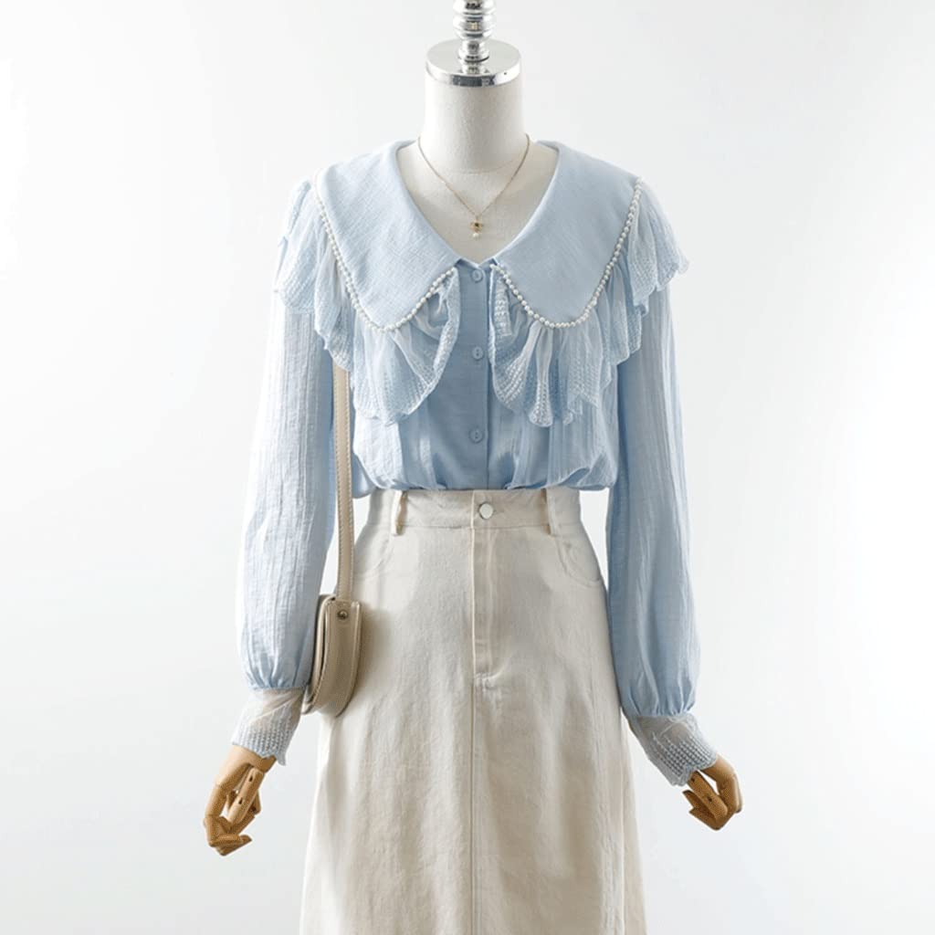 YFQHDD Women's Ruffled Long Sleeve Blouse - French Retro Doll Collar Summer Top - Sweet Milk Tea Aesthetic Shirt (Color A, Size S) | Perfect for Date Nights, Office Wear & Spring/Summer Fashion