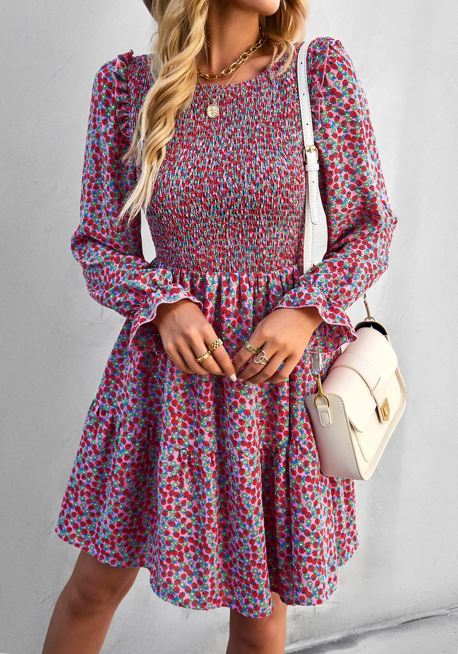 KIRUNDO Women's Floral Smocked Long Sleeve Ruffle A-Line Mini Dress - Spring Summer Party Dress 2025 | Perfect for Garden Parties, Date Nights & Cocktail Events