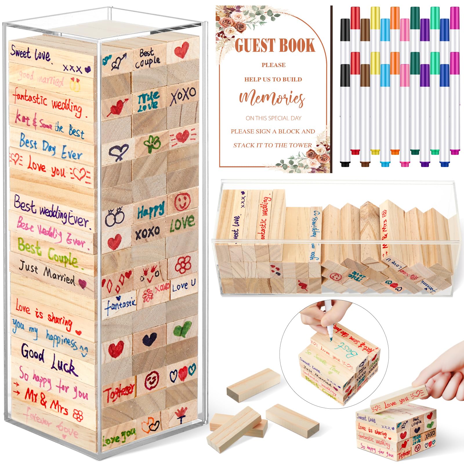 80 Pcs Rustic Wooden Wedding Guest Book Alternative - Unique Sign-in Guest Book Blocks for Wedding Reception, Bridal Shower Games & DIY Keepsake - Perfect for Rustic, Boho or Vintage Themed Weddings
