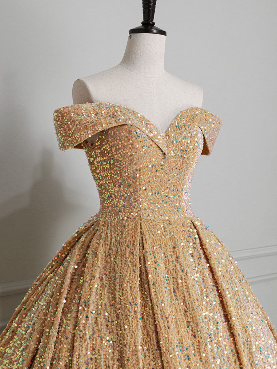 Champagne Off Shoulder Sequin Long Prom Dress for Women - Elegant Formal Evening Gown for Homecoming, Wedding, Party & Special Occasions