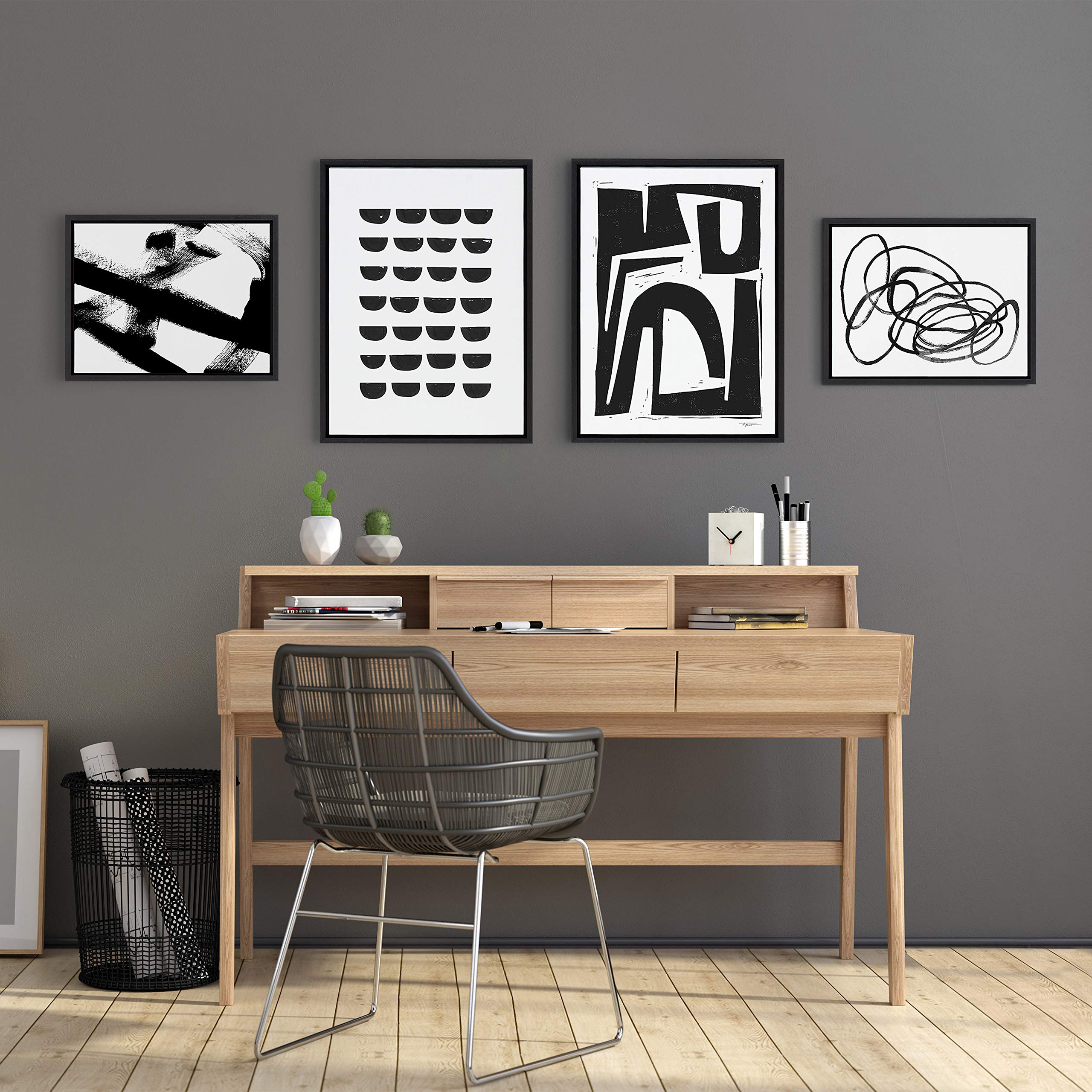 Modern Abstract Framed Canvas Wall Art Set - 4 Piece Black & White Collection by Teju Reval, Amy Lighthall & Nikki Chu | Contemporary Home Decor for Living Room, Bedroom & Office