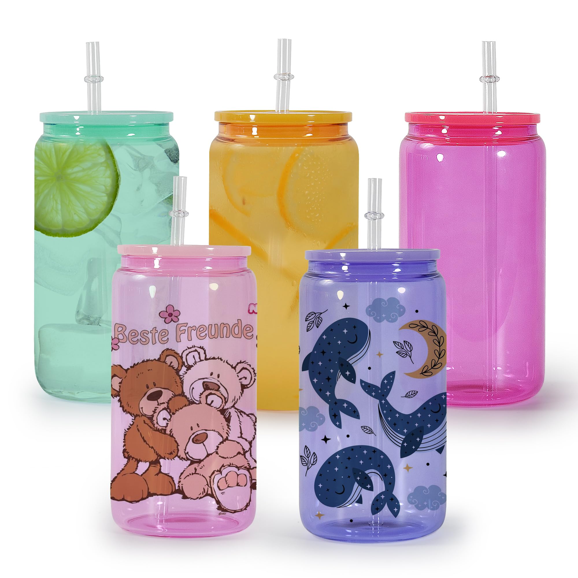 16oz Sublimation Glass Cups with Acrylic Lids & Straws (5 Pack) - Colorful Jelly Glass Tumblers for Iced Coffee, Juice, Soda - Perfect for Home, Office, Parties & Gifts