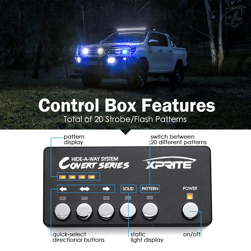 Xprite Blue LED Hideaway Strobe Police Lights Kit - 20 Flashing Modes with Control Panel for Headlights & Taillights - Emergency Warning Lights for POV Vehicles, Volunteer Cars, Trucks & SUVs (8PC Set) - Perfect for Roadside Assistance, Security Patrols & Emergency Response