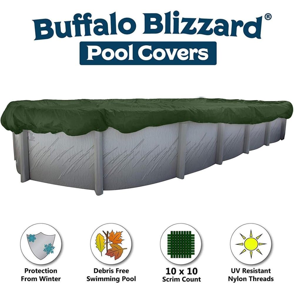 Buffalo Blizzard Supreme Winter Cover for 16x32 ft Oval Above Ground Pools | Heavy Duty Reversible Green/Black | 4 ft Extra Material with Wind Guard Clips | Perfect for Winter Protection & Snow Load Resistance in Cold Climates
