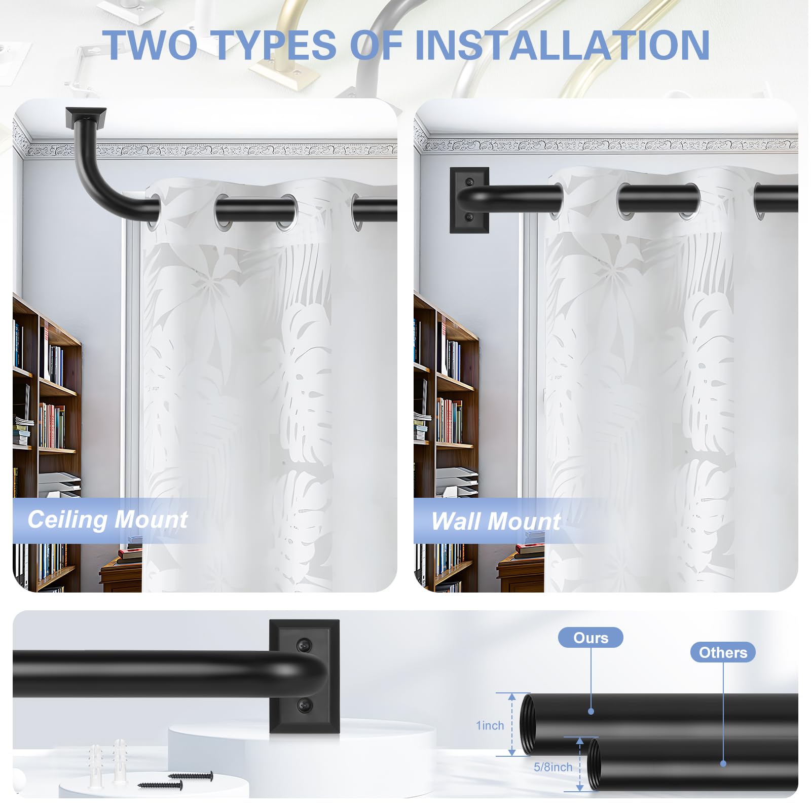 Blackout Heavy Duty Adjustable Curtain Rods 2 Pack - 28-48 Inch Matte Black French Curved Metal Drapery Rods for Bedroom & Kitchen - Easy Install Modern Decorative Window Treatment for Home & Office