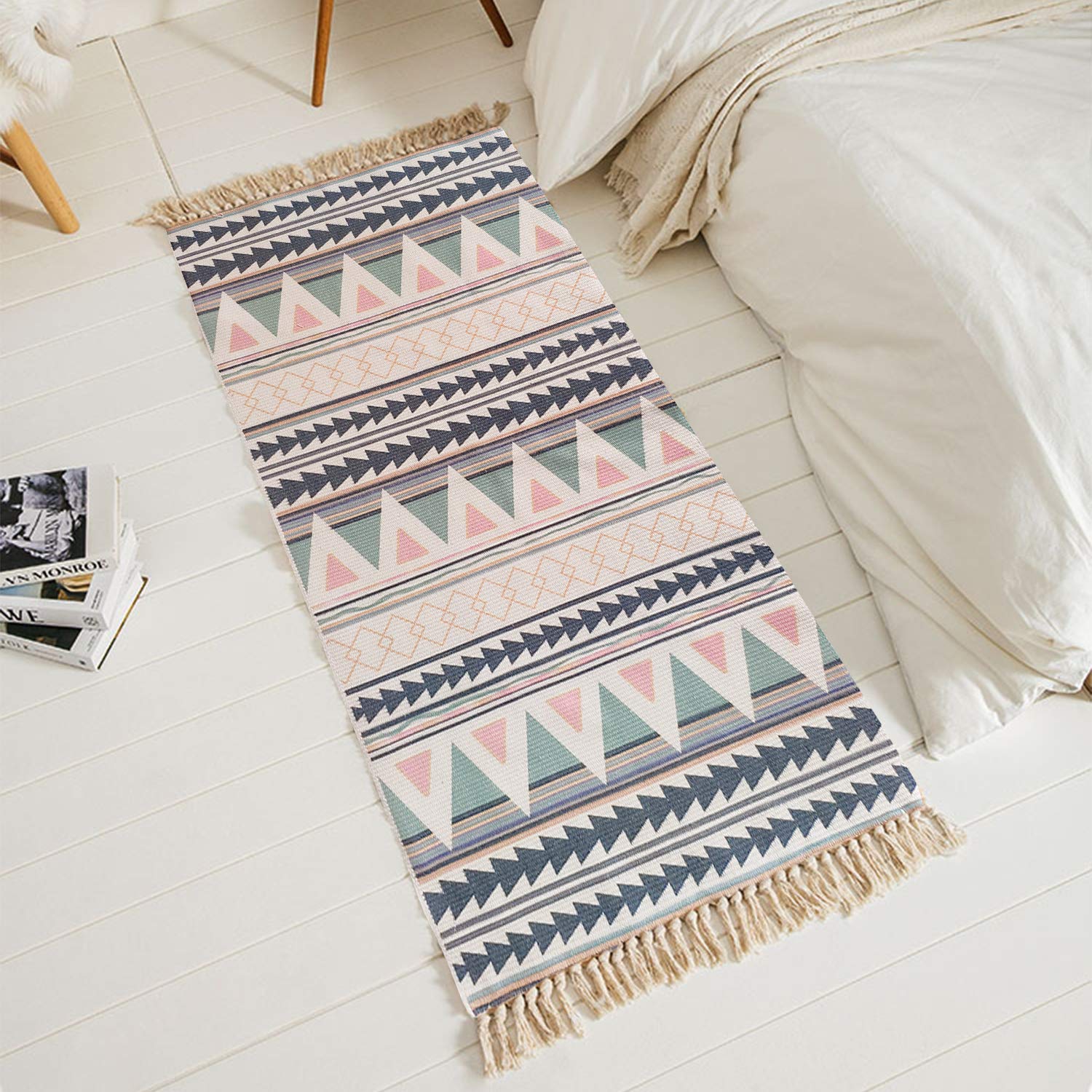 Poowe Cotton Woven Tassel Moroccan Area Rug - 2'x6' Rainbow Striped Boho Throw Rug for Entryway, Living Room, Bedroom & Bathroom | Soft Non-Slip Floor Mat for Home Decor, Laundry Room & Dorm Style