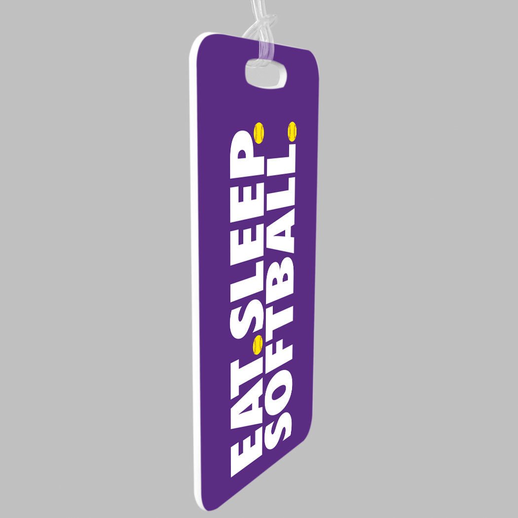 Custom Purple Softball Luggage Tag - Personalized Name & Info on Back - Perfect for Travel, Sports Gear & Softball Tournaments - Eat Sleep Softball Design