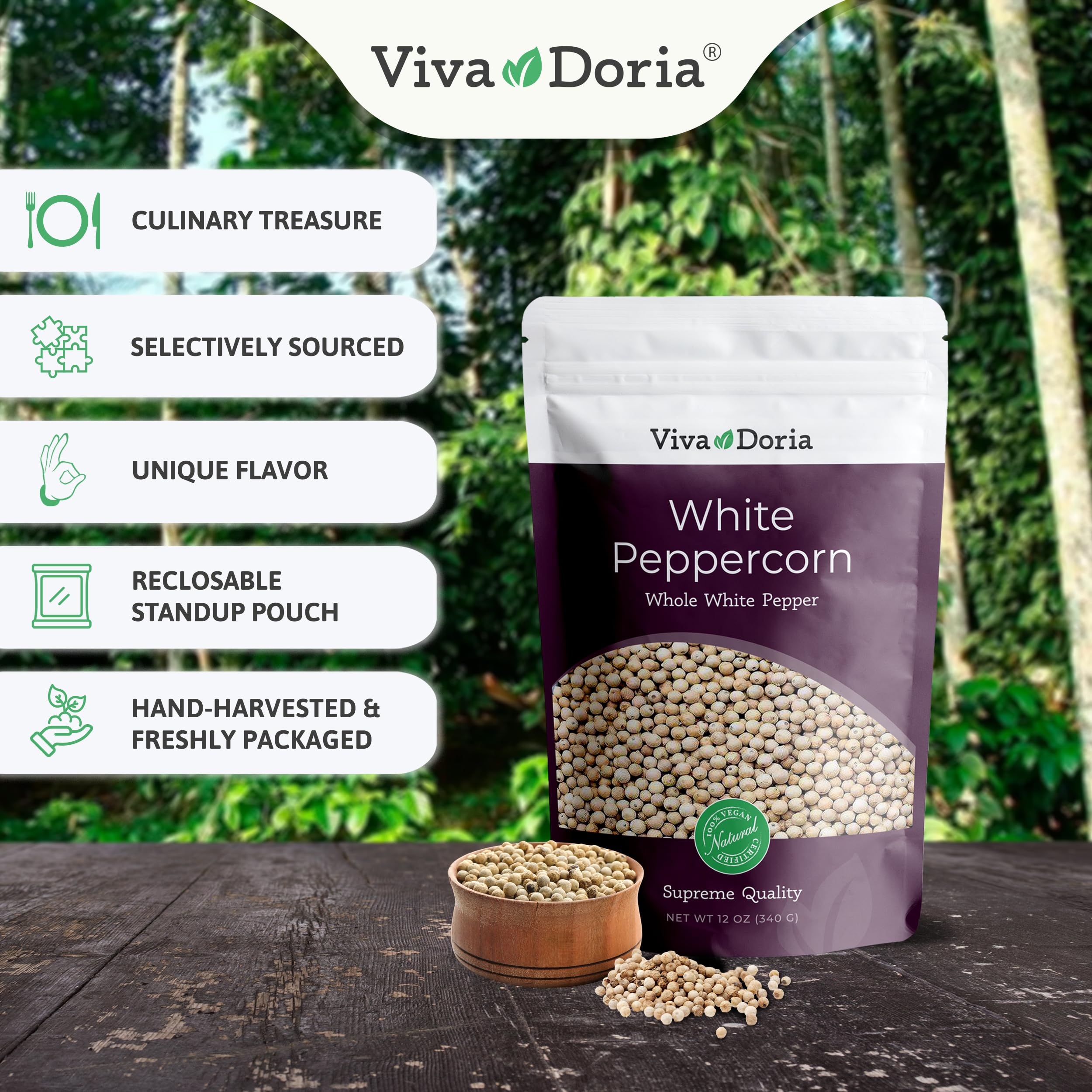 Viva Doria Tellicherry Black Peppercorns & Whole White Peppercorns - 12 Oz Each - Premium Grinder Refill for Cooking, Baking & Gourmet Dishes