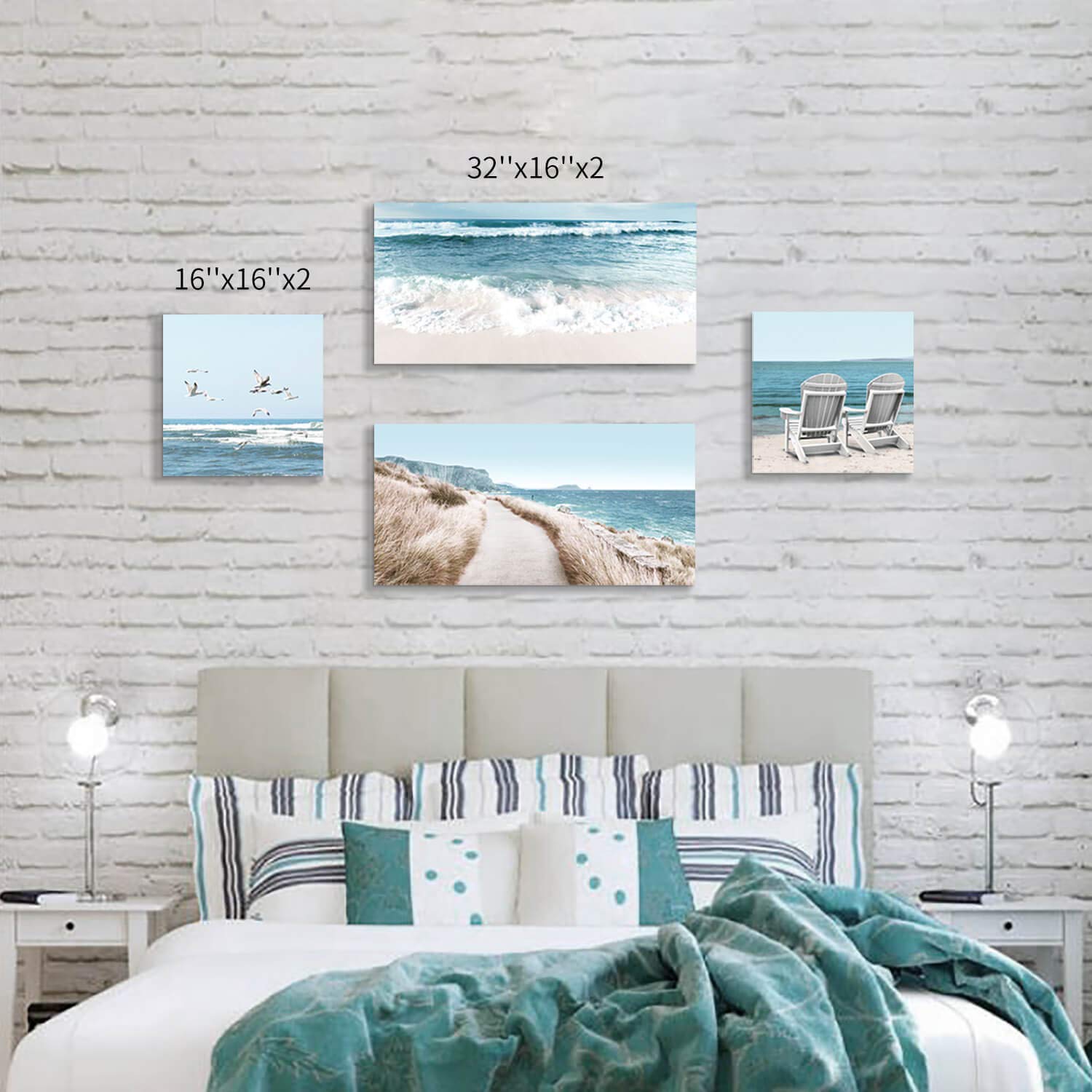 Coastal Beach Wall Art - 32''x16'' & 16''x16'' Canvas Prints of Chairs & Seagulls - Ocean Themed Painting for Living Room Decor | Perfect for Beach House, Vacation Rental & Coastal Style Homes