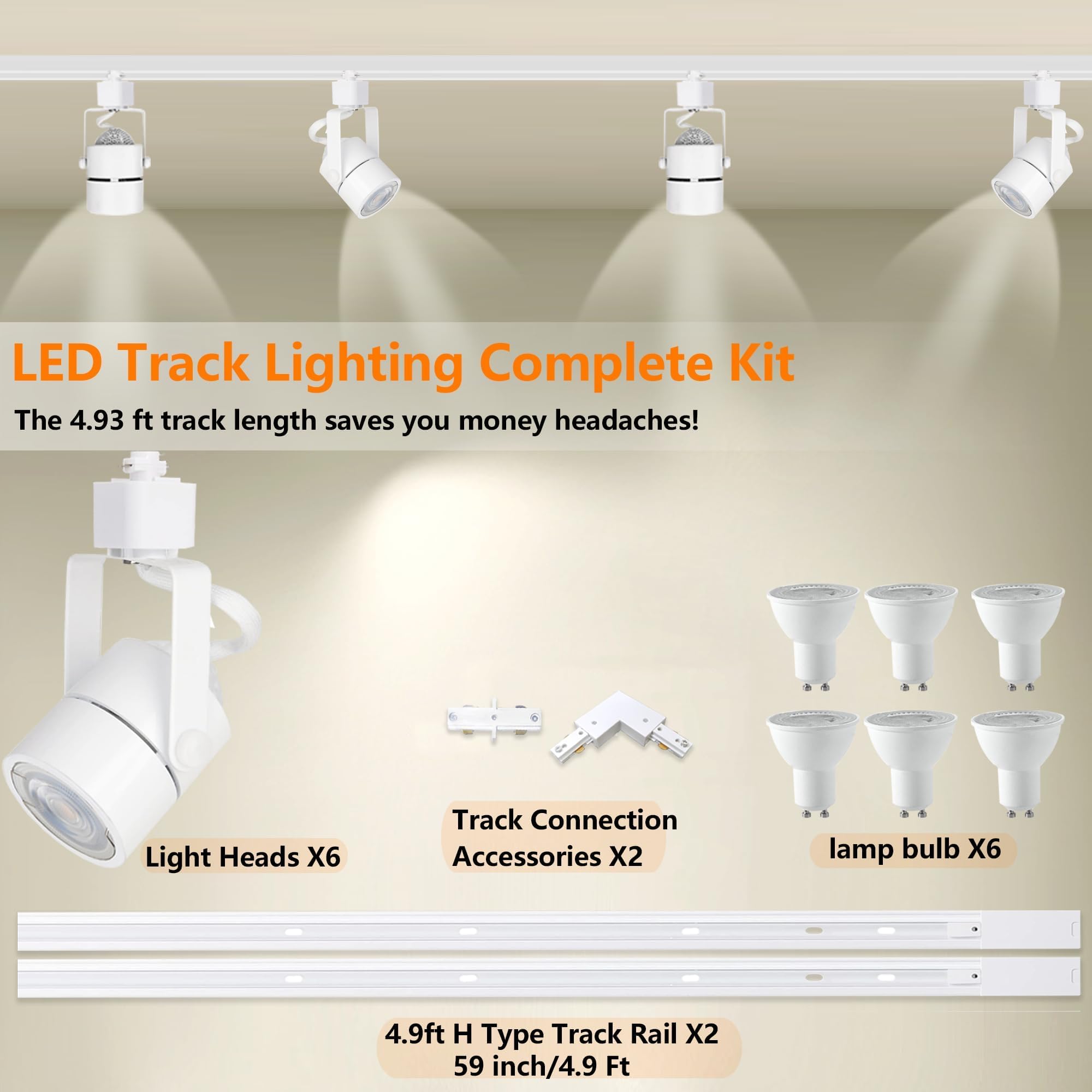 6-Pack LED Track Lighting Heads Kit, 10W GU10 Dimmable Spotlights with 6.56FT H-Type Rails - 6000K Cool White Ceiling Light Fixture for Living Room, Kitchen, Gallery & Retail Stores
